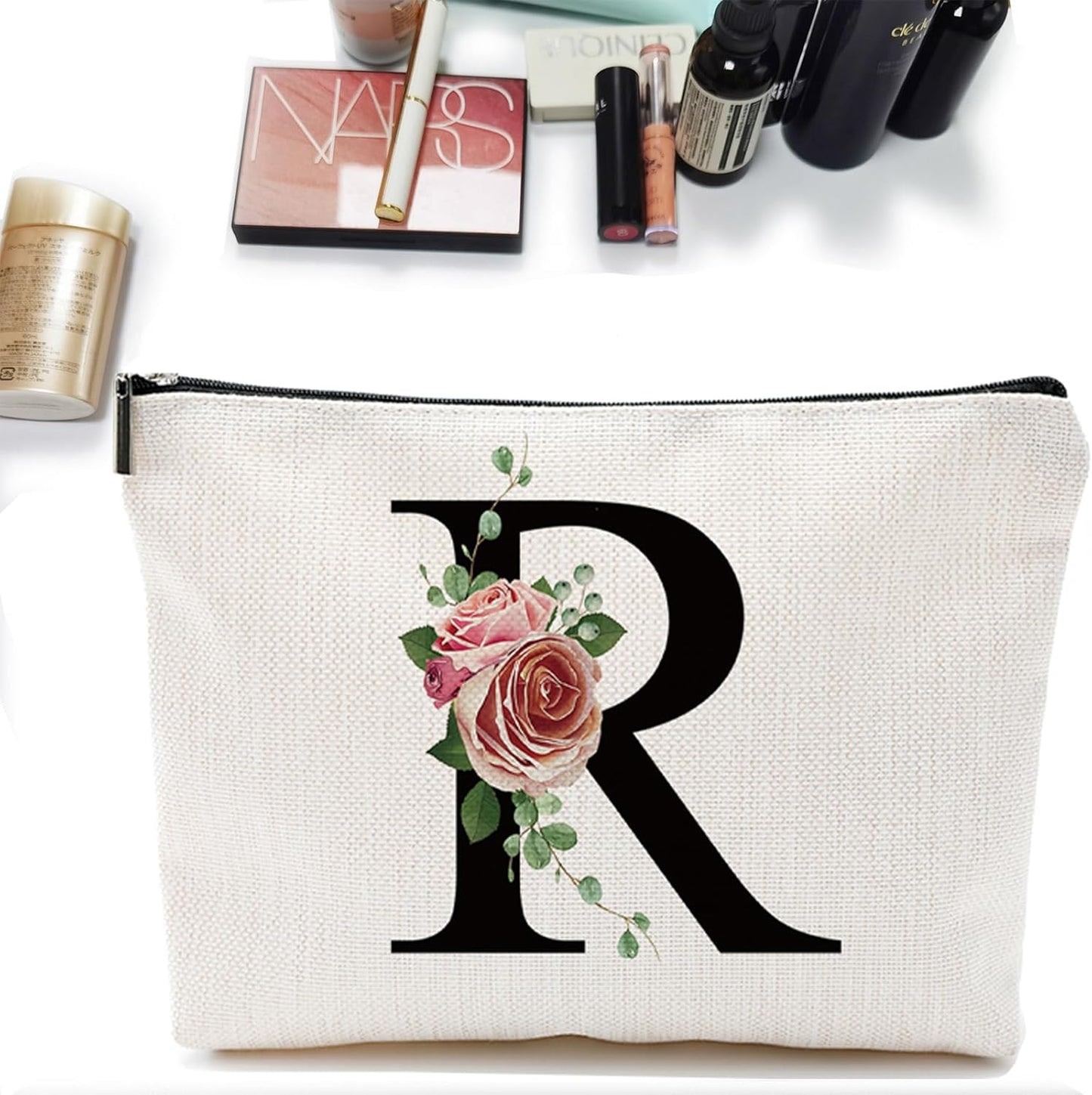 Initial A-Z Personalized Letter Makeup Bag, Monogrammed Bridesmaid Gifts/Presents Cosmetic Bag, Portable Stationery Storage Organizer Pouch, Friendship Love Travel Makeup Bags