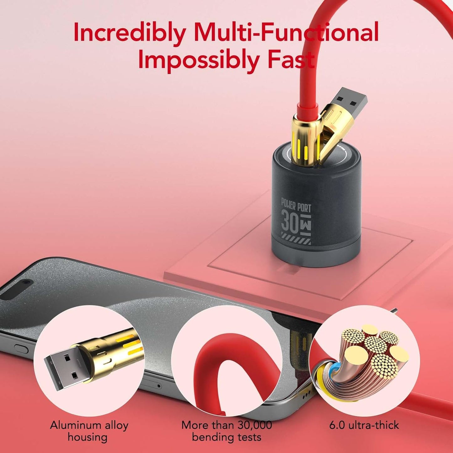 MFish 4-in-1 Universal USB Charging Cable with Carrying Case – 240W Max Fast Charger Cord, USB-A, Dual USB-C & Lighting, for iPhone 14/15/16/17 Series, iPad & MacBook and More (Red, 6.6Ft)