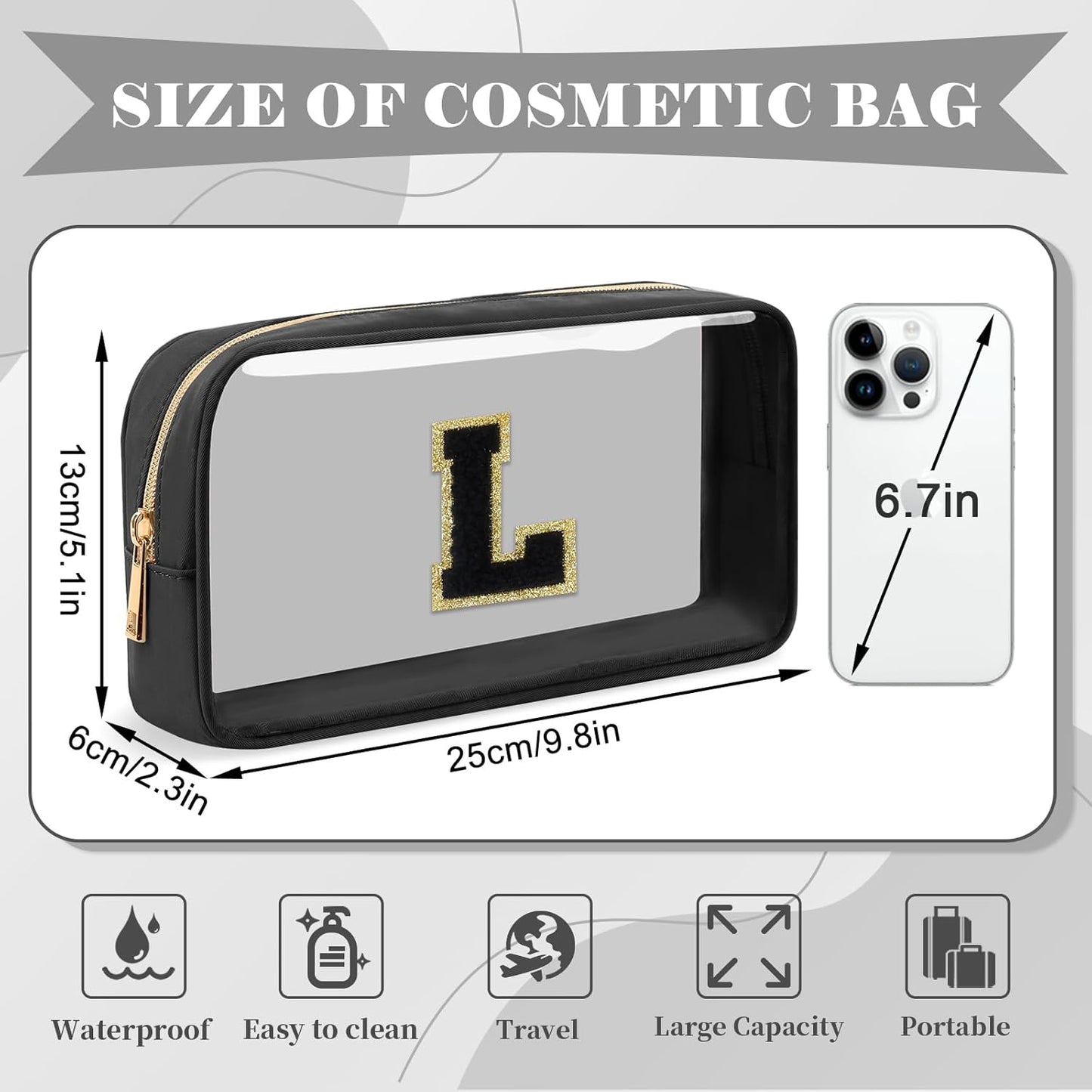 Personalized Initial Letter Clear Makeup Bag,Preppy Small Nylon&PVC Cosmetic Zipper Bag with Chenille Letter,Travel Skincare Toiletry Bag,Monogram Christmas Gift for Teen Girls Women,L