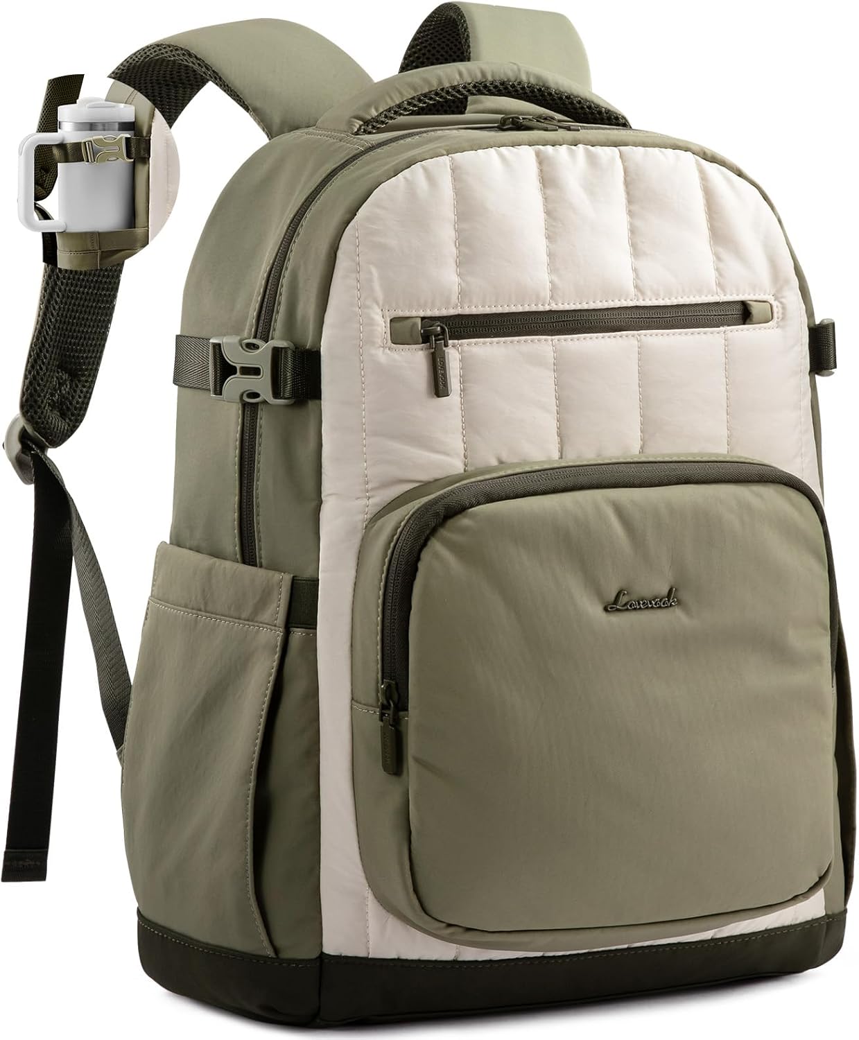 LOVEVOOK Laptop Backpack Women with Pouch Pocket for Large Capacity Cup,15.6 Inch Lightweight Puffer Computer Laptop Bag Travel Backpack Purse for Work College Teacher Personal Item,White-Green-Black