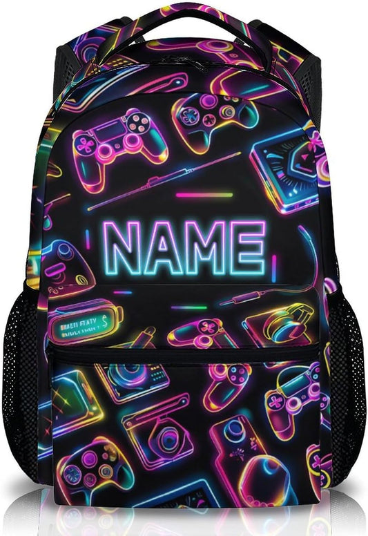 School Backpacks for Boys Girls, 17" Game Backpack for Kids Students, Custom Name Large Capacity Gaming Bookbag for Kindergarten Primary, Personalized School Supplies for Travel Hiking Camping