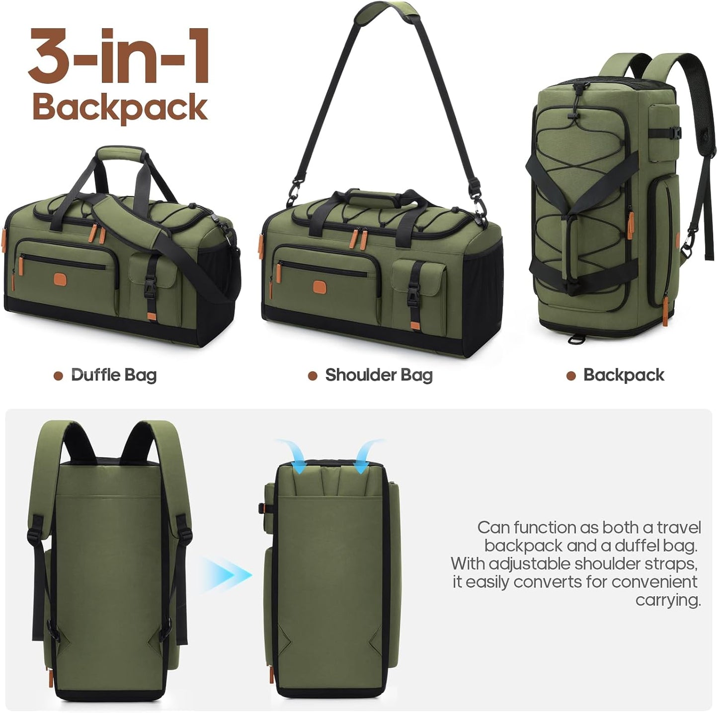 Gym Bag for Men and Women with Shoe & Laptop Compartment, 3-in-1 Sports Travel Duffel Bag Anti-Theft Weekender Carry-On Backpack for Airplane & Workout, Overnight Travel Bag,35L (Green, Medium)