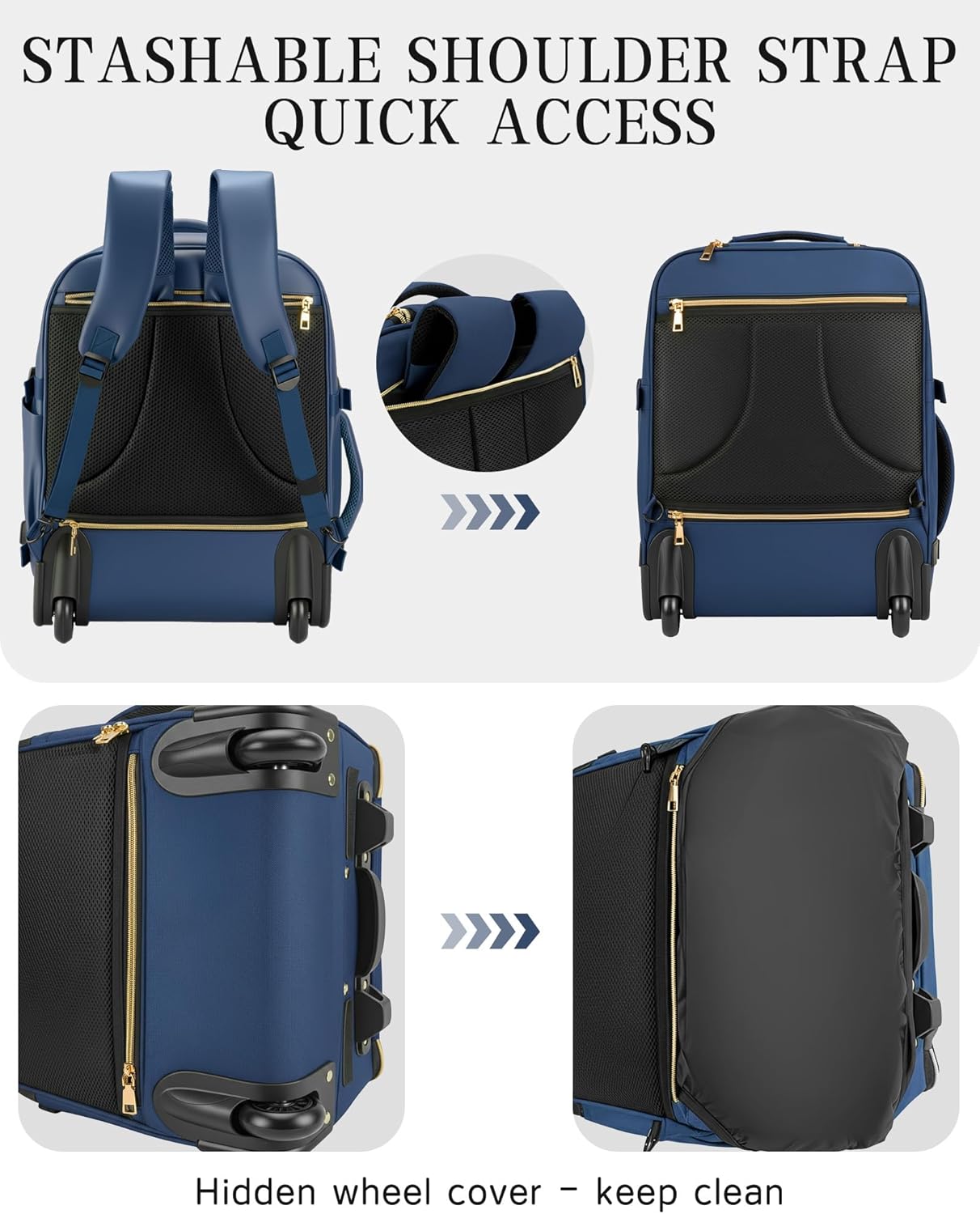 Carry On Backpack with Wheels for Adults, Airline Approved Rolling Backpack for Women, Foldable Bottom Travel Laptop Backpack (Deep Blue)