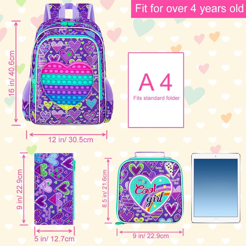 AGSDON 3PCS Backpacks for Girls, 16" Elementary Kids Bookbag for Prechool, Water Resistant Backpack with Lunch Box