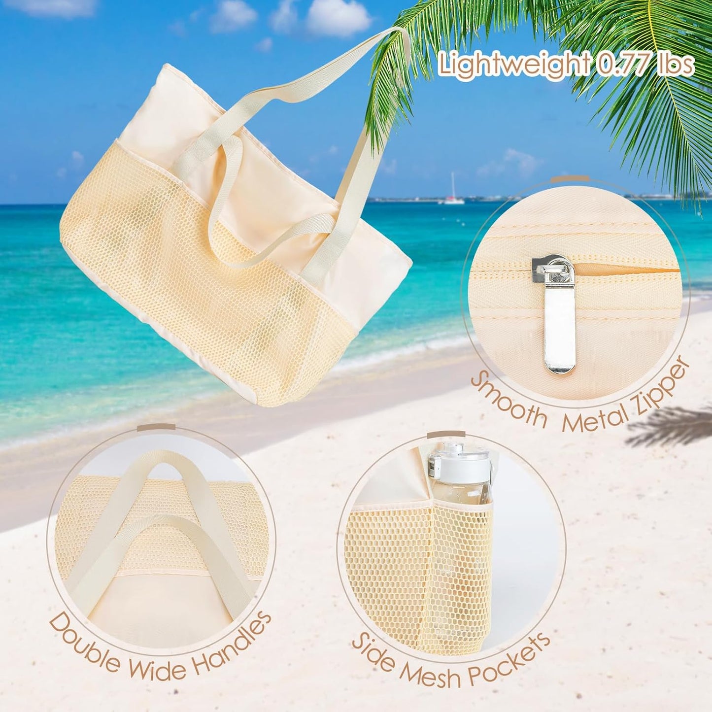 KABAQOO Large Beach Bag Waterproof Sandproof Tote Bag for Women with Zipper & Mesh Pockets for Pool Swim Travel Everyday