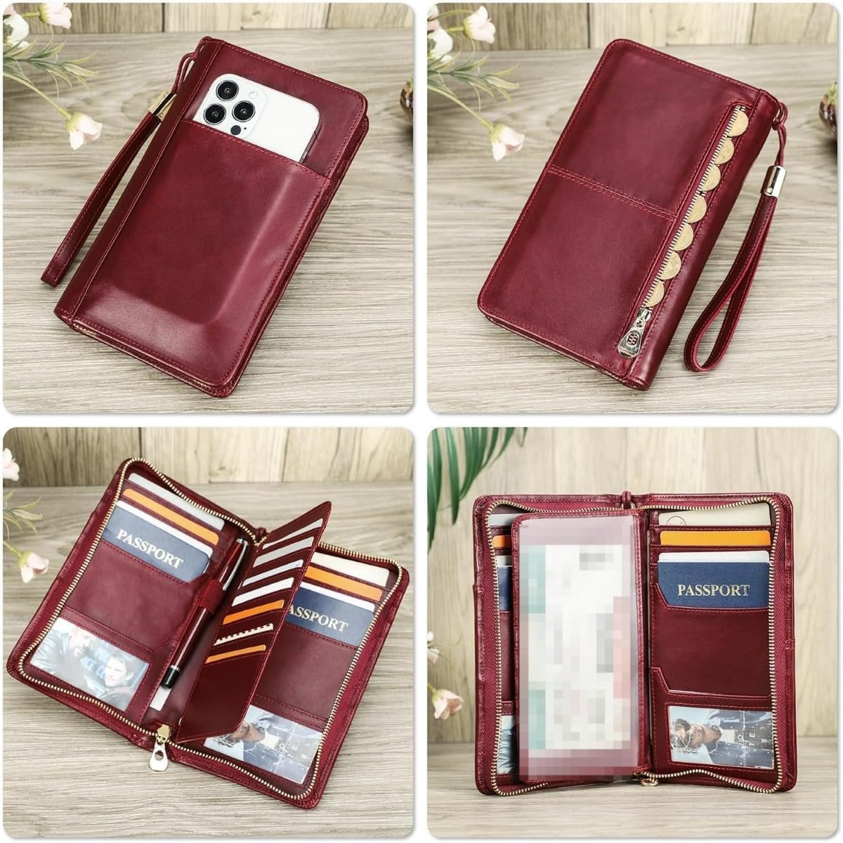 Unisex Genuine Leather Wallet Large Capacity RFID Blocking Passport Holder with Multiple Card Slots (Red)