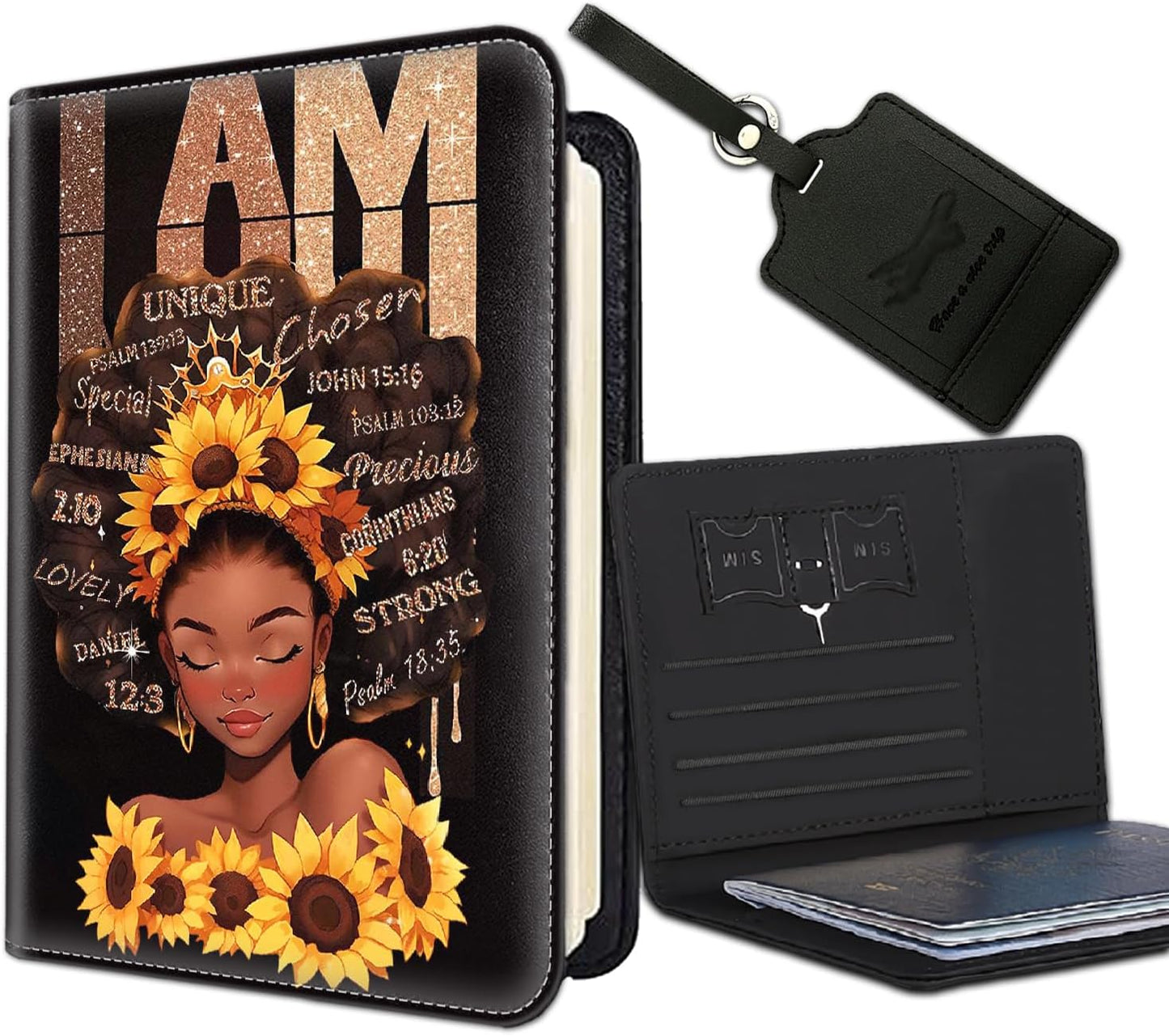 Passport Holder Women Wallet with Luggage Tag, Leather Passport Cover with RFID Blocking, Travel Accessories Multi Card Slot Passport Case for Men，Afro Woman Sunflower