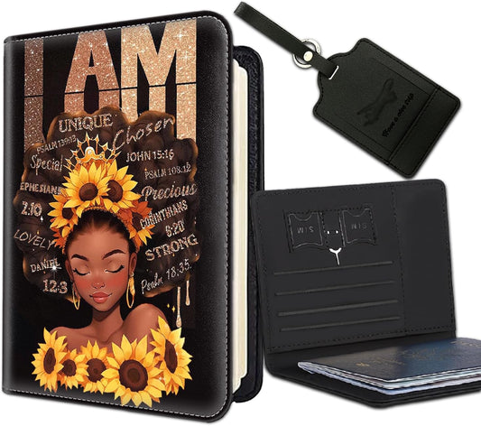 Passport Holder Women Wallet with Luggage Tag, Leather Passport Cover with RFID Blocking, Travel Accessories Multi Card Slot Passport Case for Men，Afro Woman Sunflower