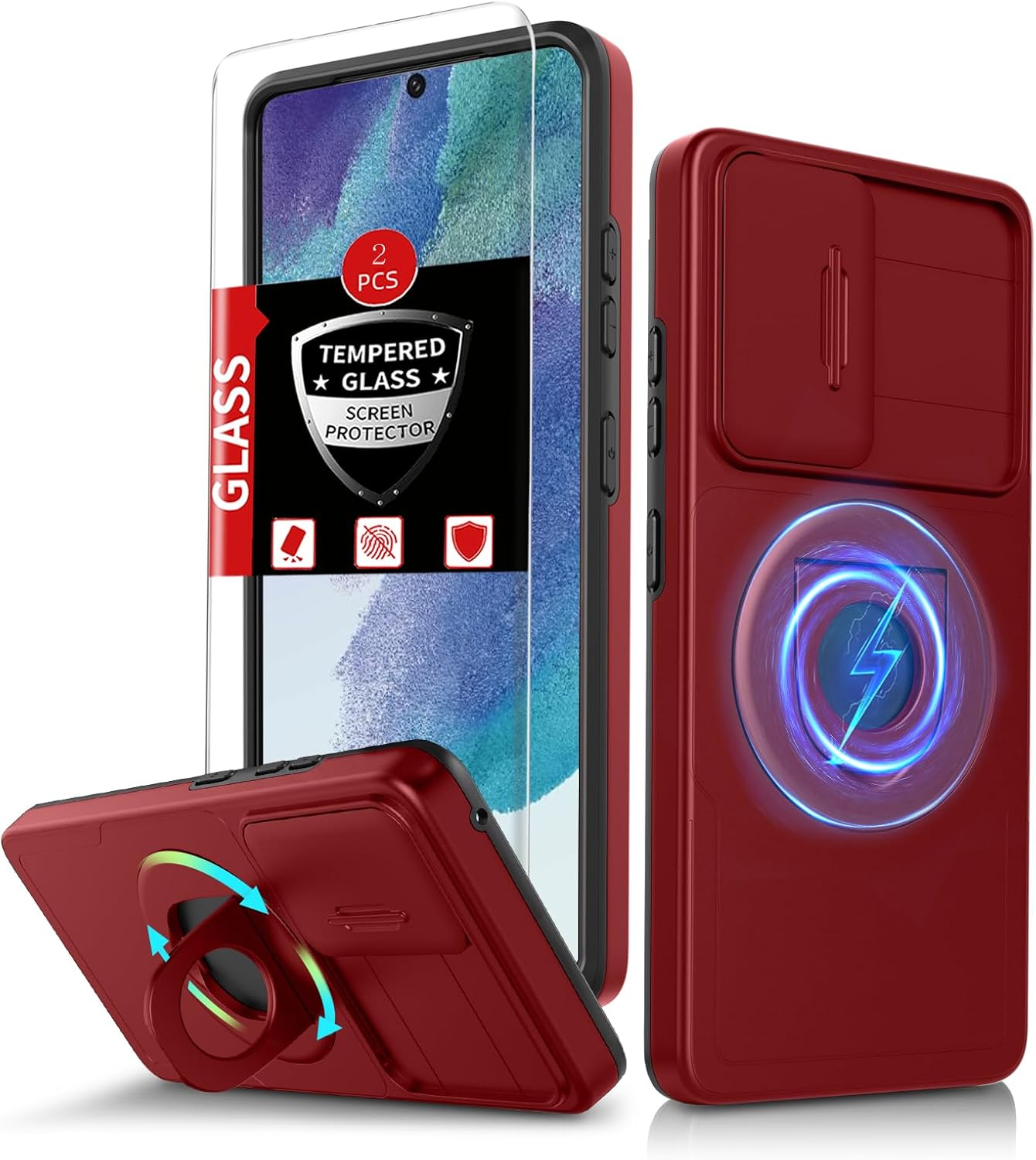 for Samsung Galaxy s21 FE Case Magnetic Compatible with MagSafe Wireless Charging,with 2 Screen Protectors,Built-in Stand Ring+Camera Cover Anti-Scratch Shockproof Heavy Duty Protection Red