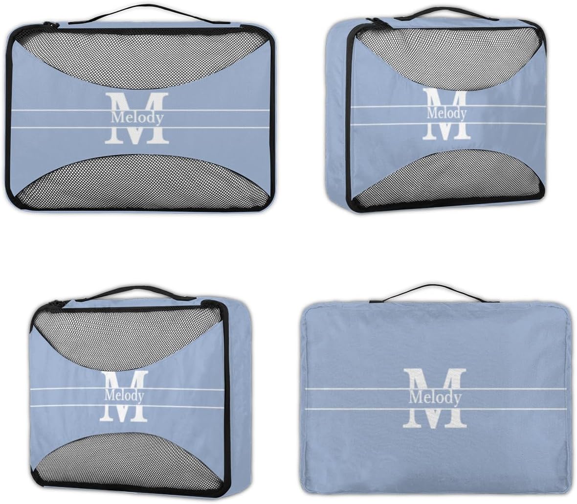 Custom Name Compression Packing Cubes Luggage Organizer Bags for Travel, Double Zipper Packing Cubes for Suitcases, Dark Sky Blue with Initial Letter