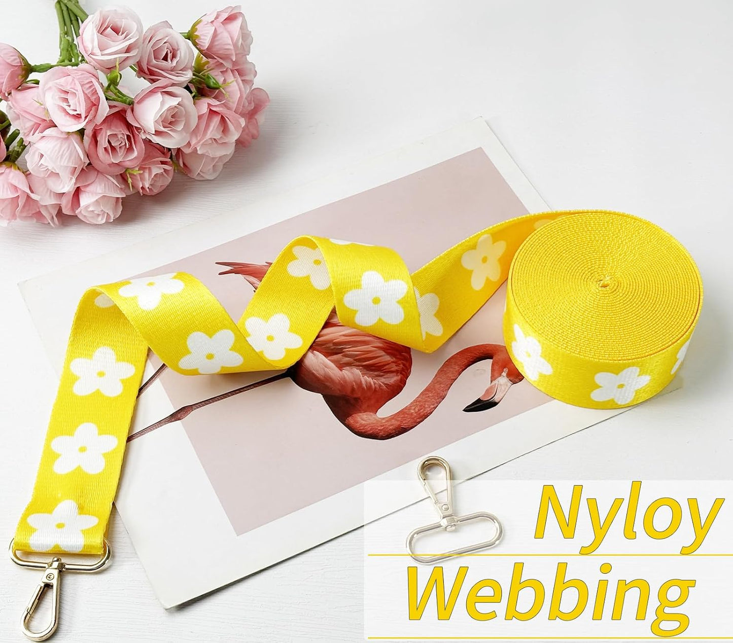 1.5 inch Nylon Webbing Straps for Bags with Buckle 1 1/2 inch 6 Yards Yellow Flower Heavy Duty Patterned Fabric Webbing Luggage Handle for Backpack-Decorative Supplies-Clothing-Sewing-DIY Crafts