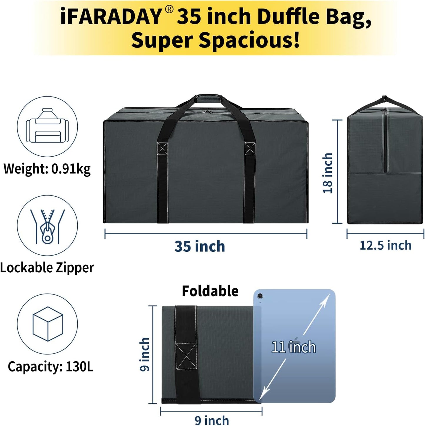 130L Extra Large Duffle Bag - 35 inch Heavy Duty & Water Resistant Duffel Bag Durable Luggage Storage Bag for Camping, Travel, Sports (Grey)
