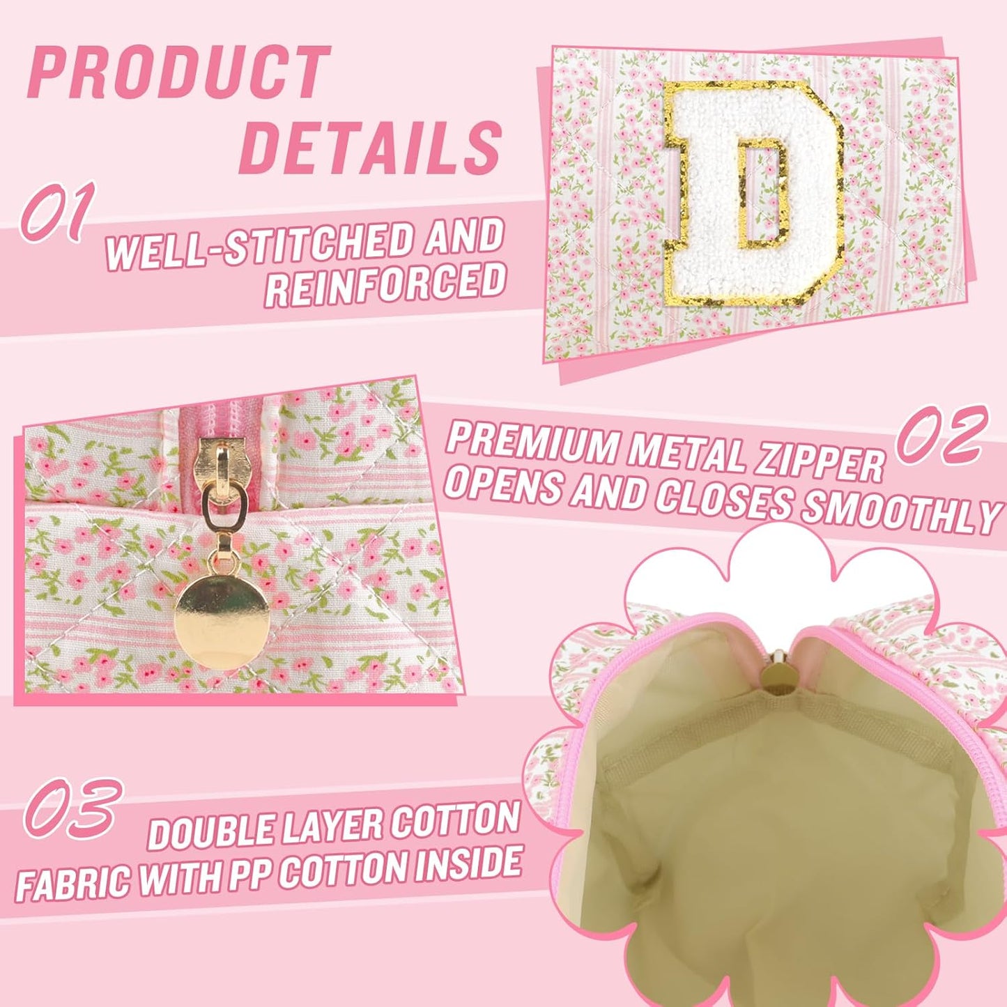 Personalized Quilted Cosmetic Bag, Puffy Monogrammed Christmas Birthday Gifts for Women & Girls, Cute initial Floral Makeup Bag Puffer Coquette Bag, Aesthetic Travel Toiletry Zipper Pouch(Pink,D)