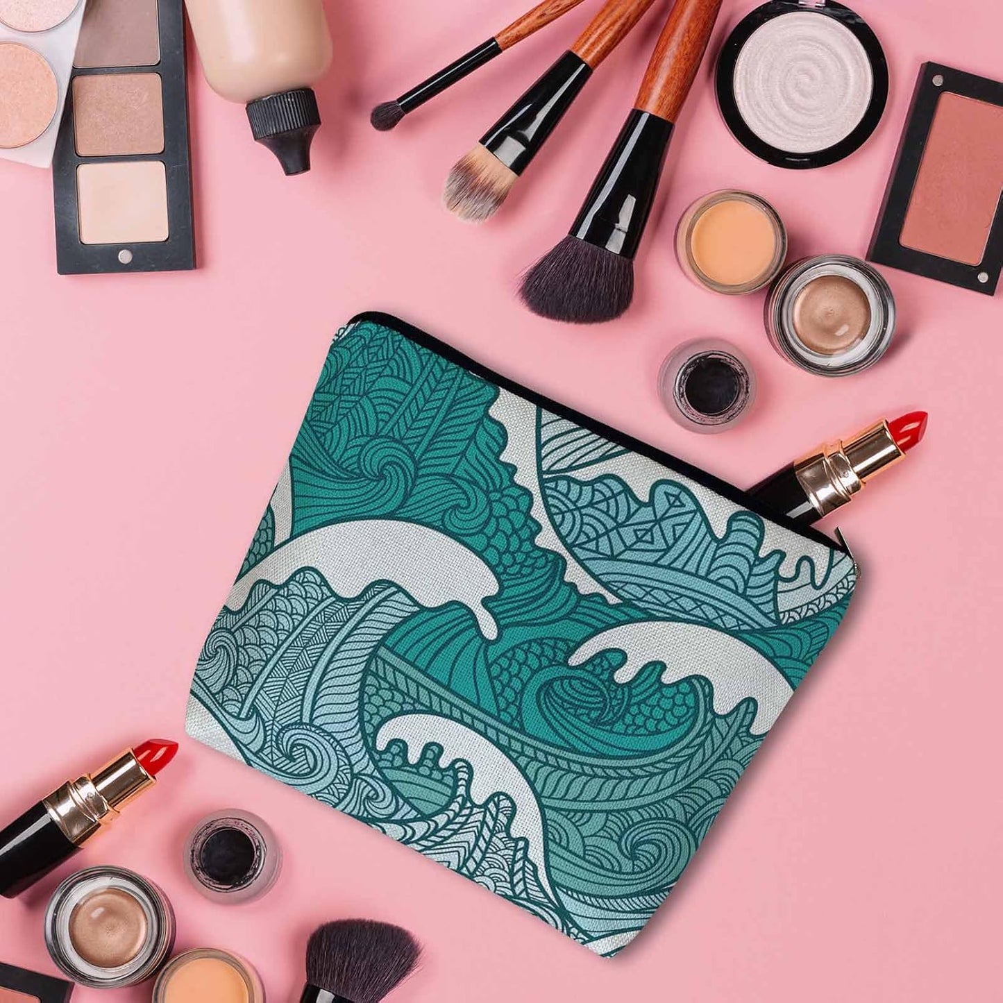 Women Makeup Organizer Bag Ocean Waves, Japanese Great Wave Ocean Sea Waves Flax Cosmetic Bag