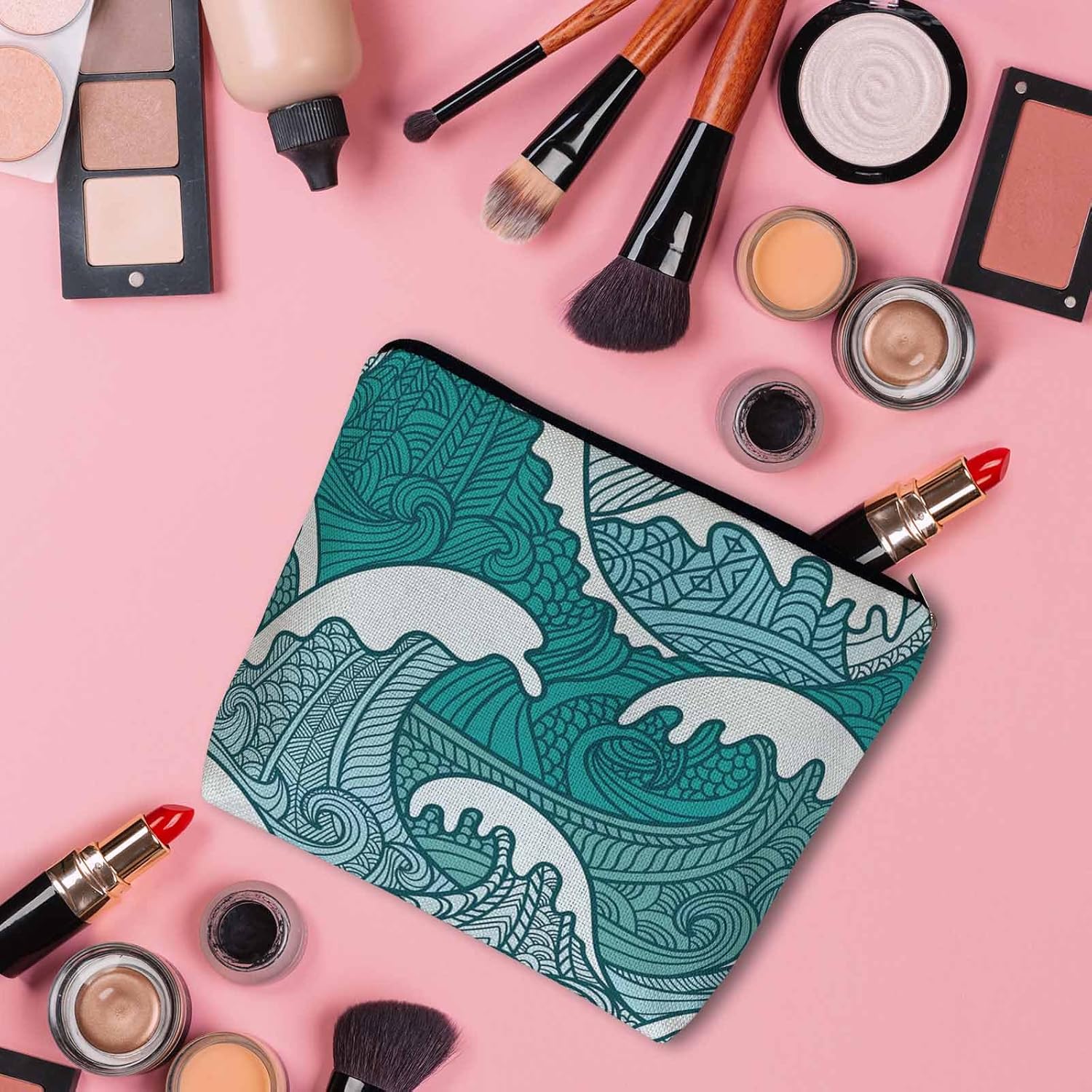 Women Makeup Organizer Bag Ocean Waves, Japanese Great Wave Ocean Sea Waves Flax Cosmetic Bag