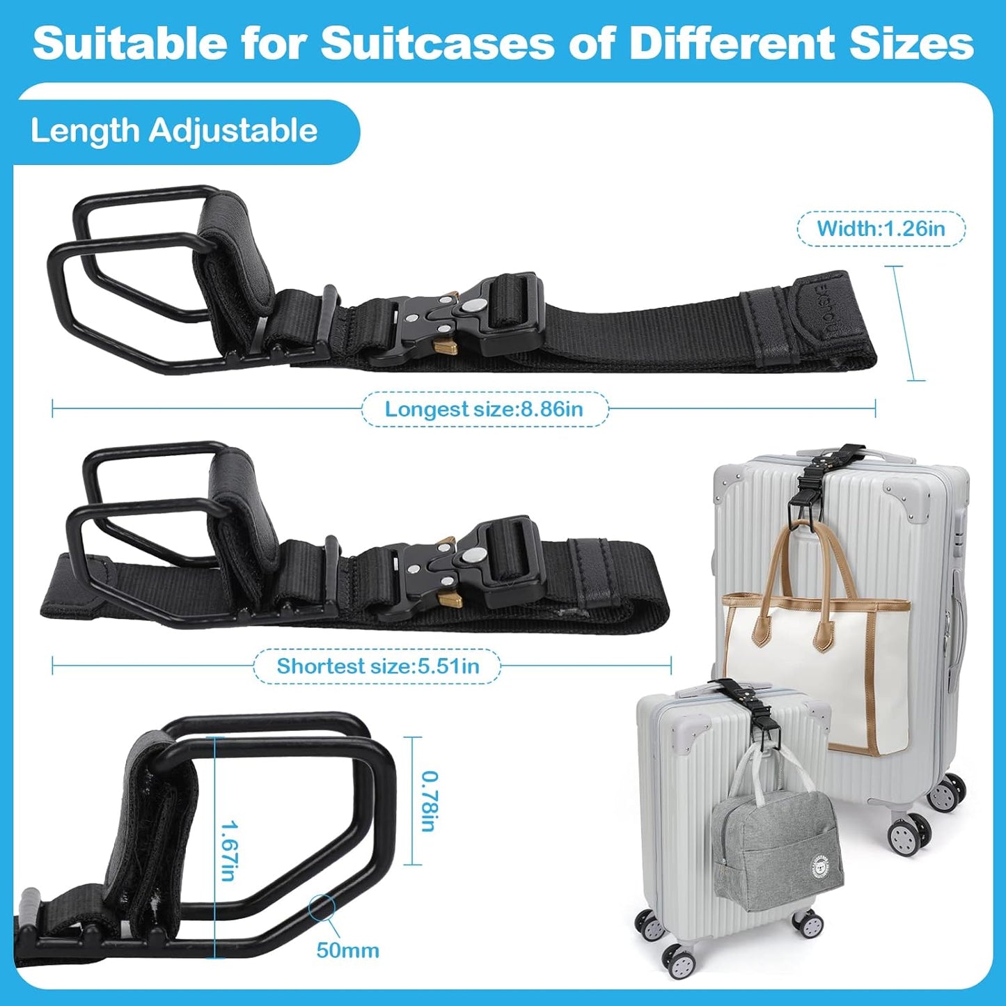 Luggage Hook Strap, J Hook Luggage Strap Flight Attendant with Hands Free, Adjustable Travel Luggage Straps for Add a Bag Hook (Black-2PCS)
