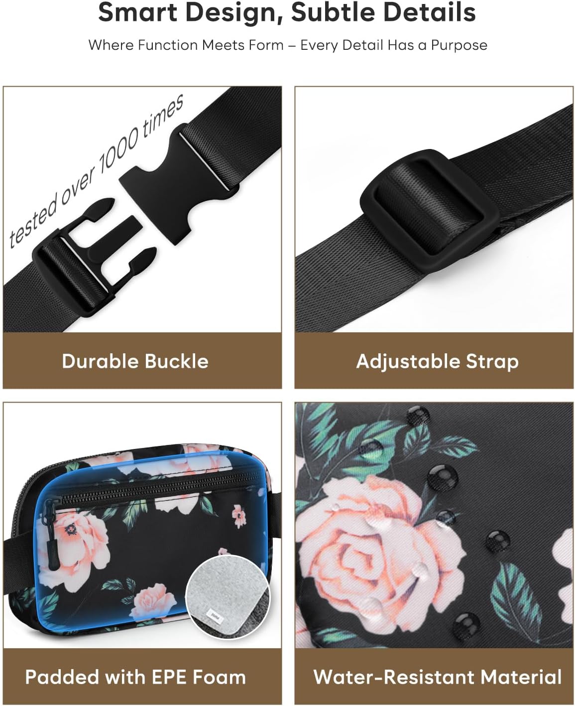 Fanny Packs for Women Cross Body Bag Waterproof Belt Bag with Adjustable Strap and Zipper Back Pocket Small Crossbody Bags Fashion Waist Packs for Workout Travelling(Flower Print)