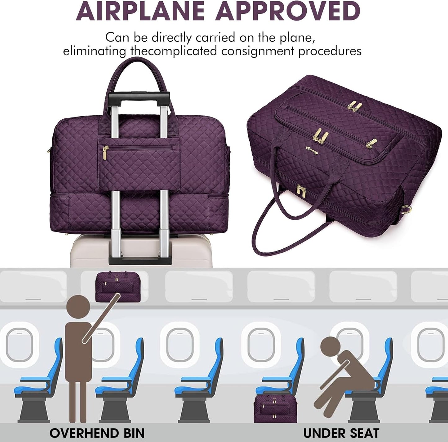 Travel Duffle Bag Weekender for Women - 38L Carry-On Overnight Personal Item Bag with Shoe Compartment & Wet Pocket Weekend Tote Bags with Toiletry Hospital Bags for Labor and Delivery