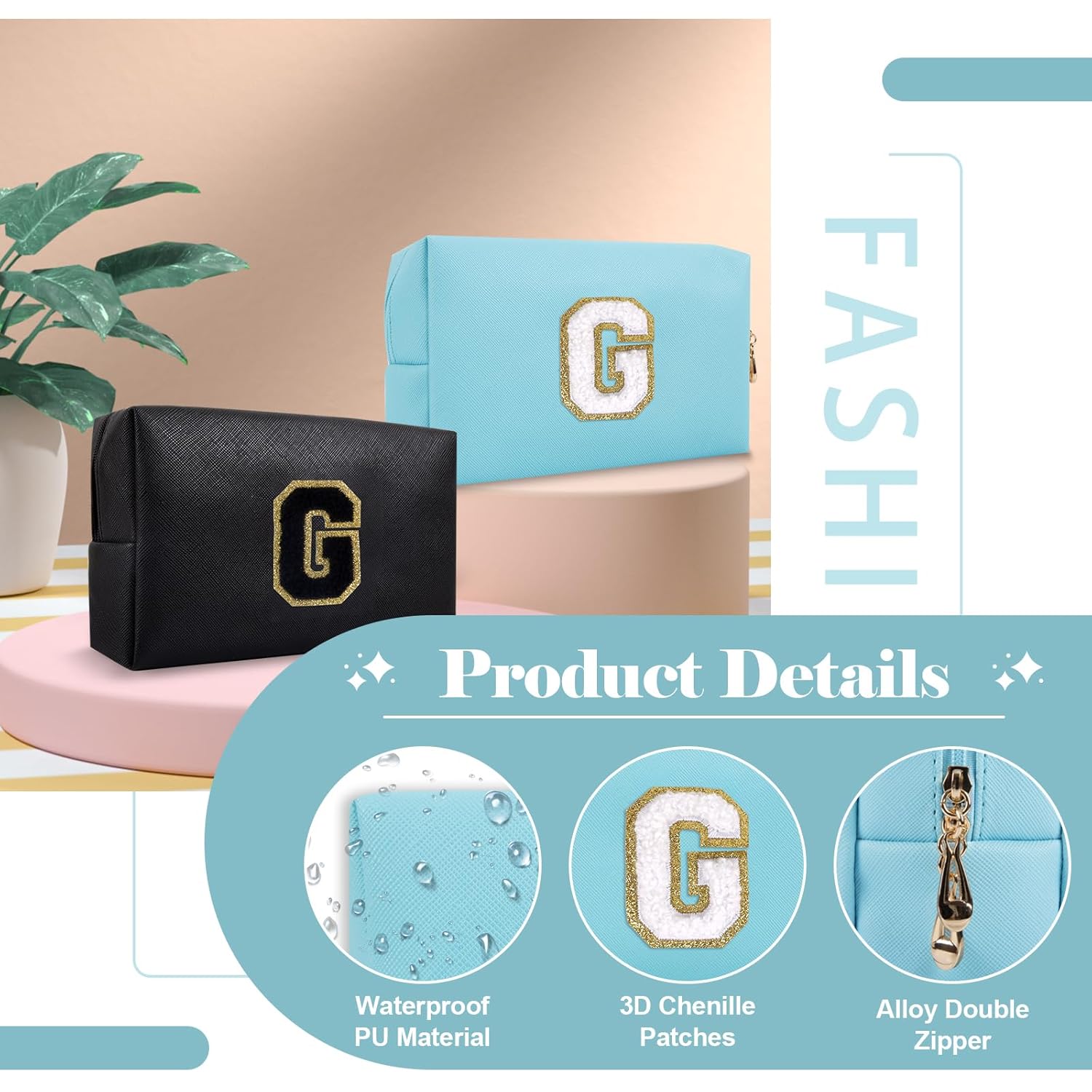 Small Personalized Initial A-Z Preppy Patch Makeup Bag,PU Chenille Letter Travel Cosmetic Pouch