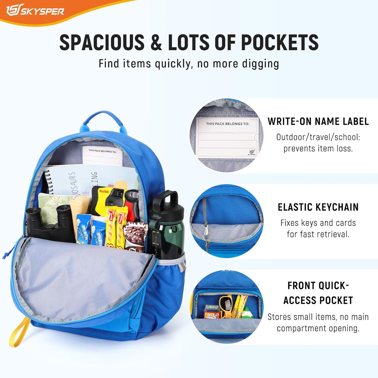 SKYSPER Kids Backpack for School 15" H Kindergarten Elementary Bookbag Children Travel Daypack for Camping