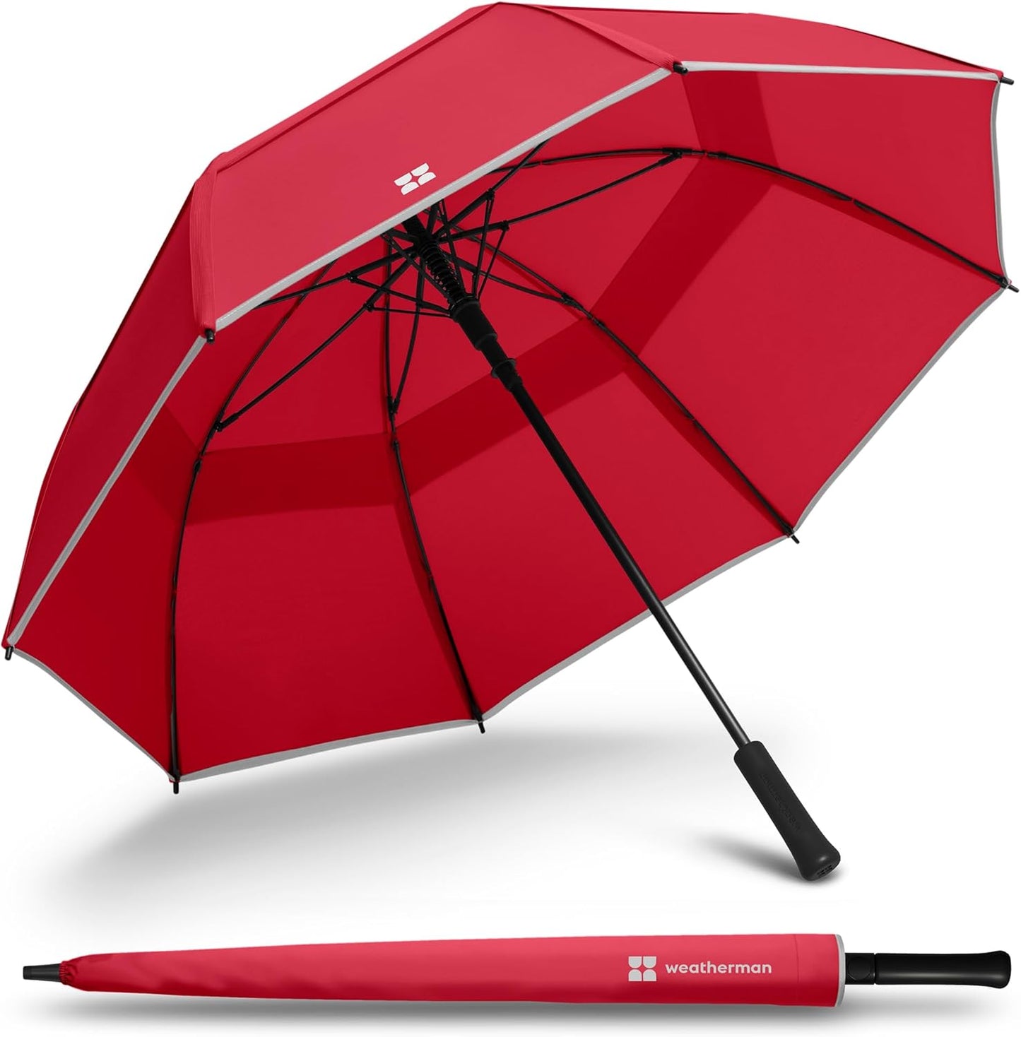 Weatherman Umbrella - Stick Umbrella - Windproof Umbrella Resists Up to 55 MPH Winds (Red)