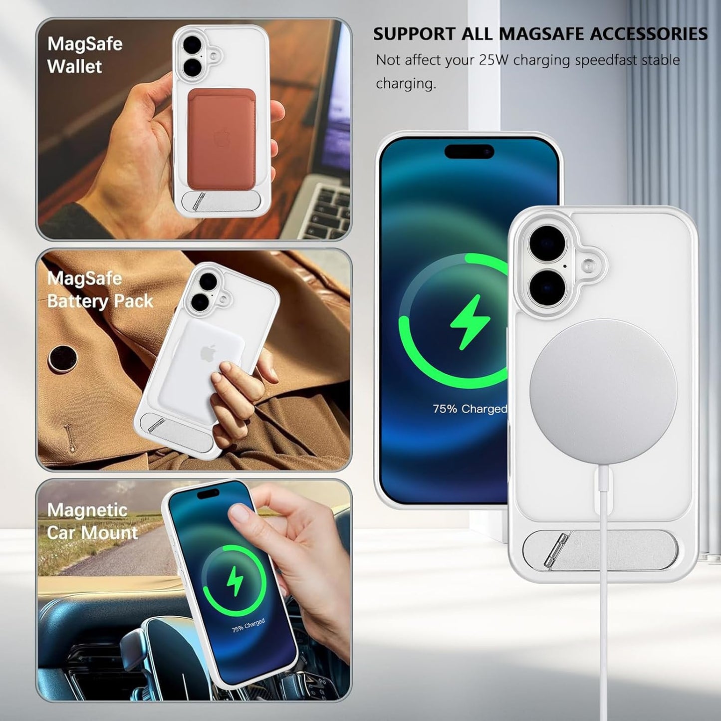 Tikoo Strong Magnetic for iPhone 16 Case with Magsafe and Built-in Invisible Kickstand Slim Translucent Matte Military Grade Protective Phone Case for iPhone 16 6.1”