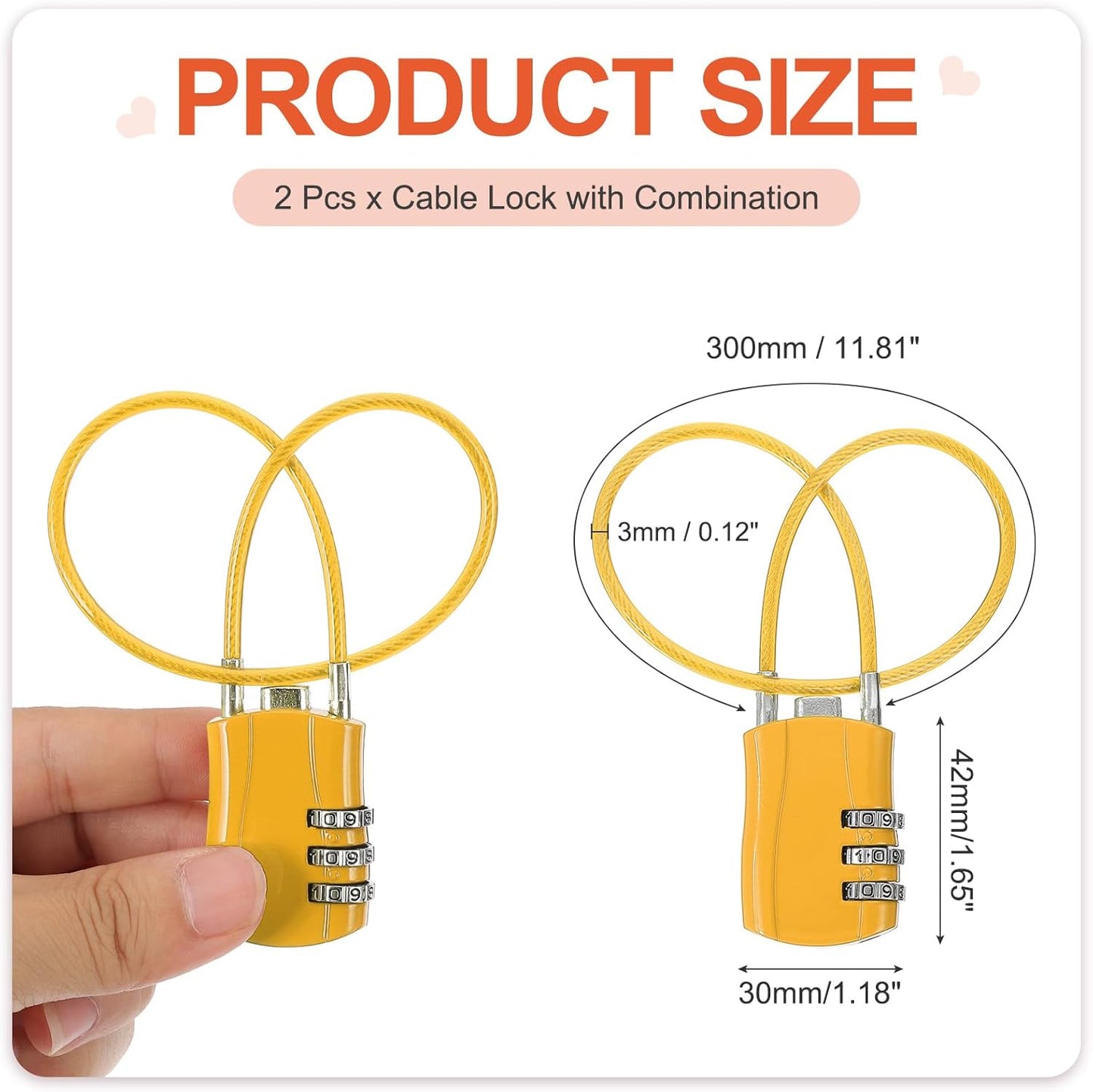 MECCANIXITY 2 Pcs Luggage Travel Lock, 3 Digit Cable Combination Lock 1-3/16" Width Body with 12" Long Cable for Suitcase Bag Cabinets Small Fences Gym, Yellow