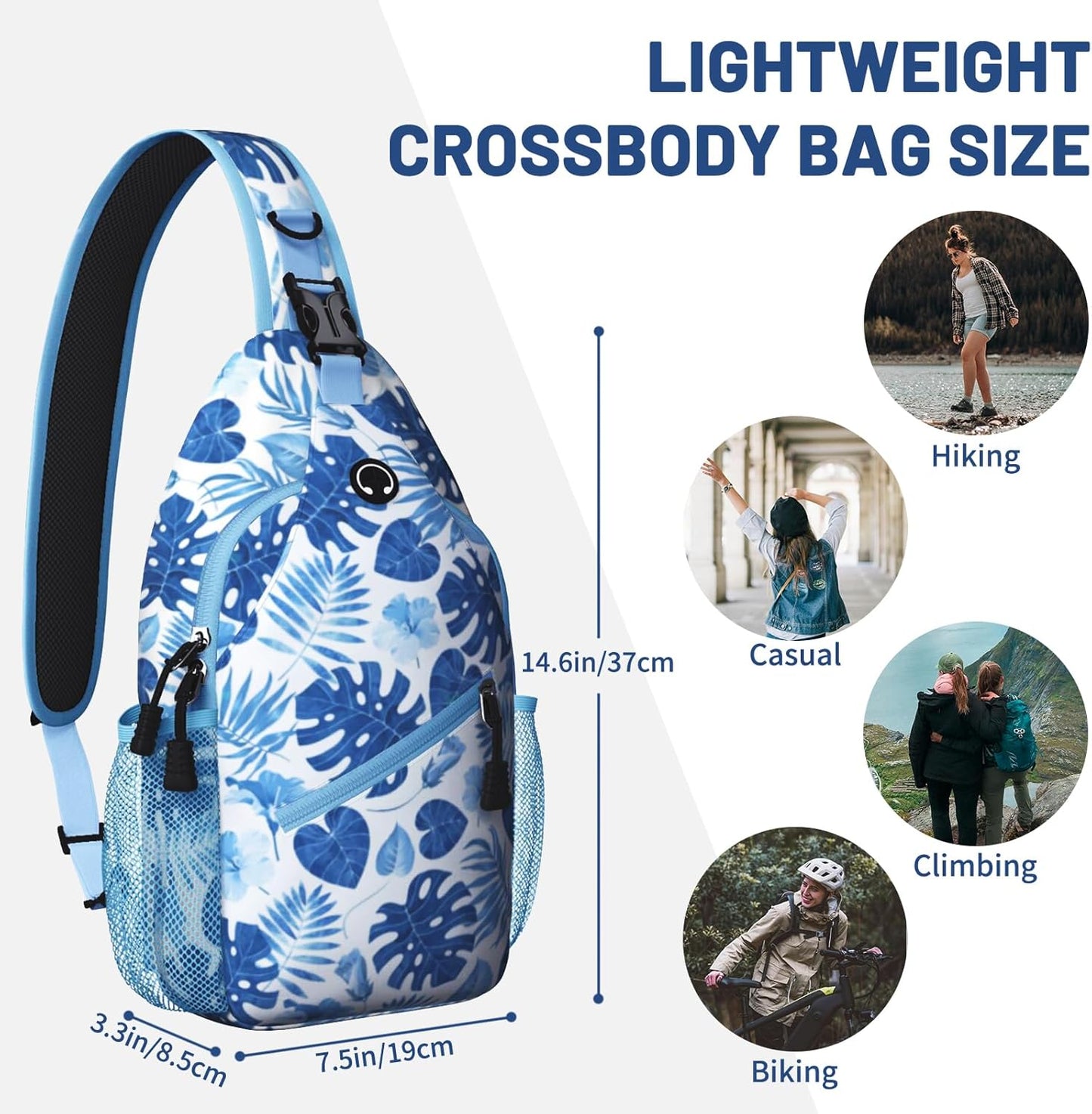 Blue Tropical Leaves Sling Bag Crossbody Chest Bag for Women Men, Water Resistant Lightweight Casual Crossbody Bag with Adjustable Strap, Travel Hiking Daypack Shoulder Backpack