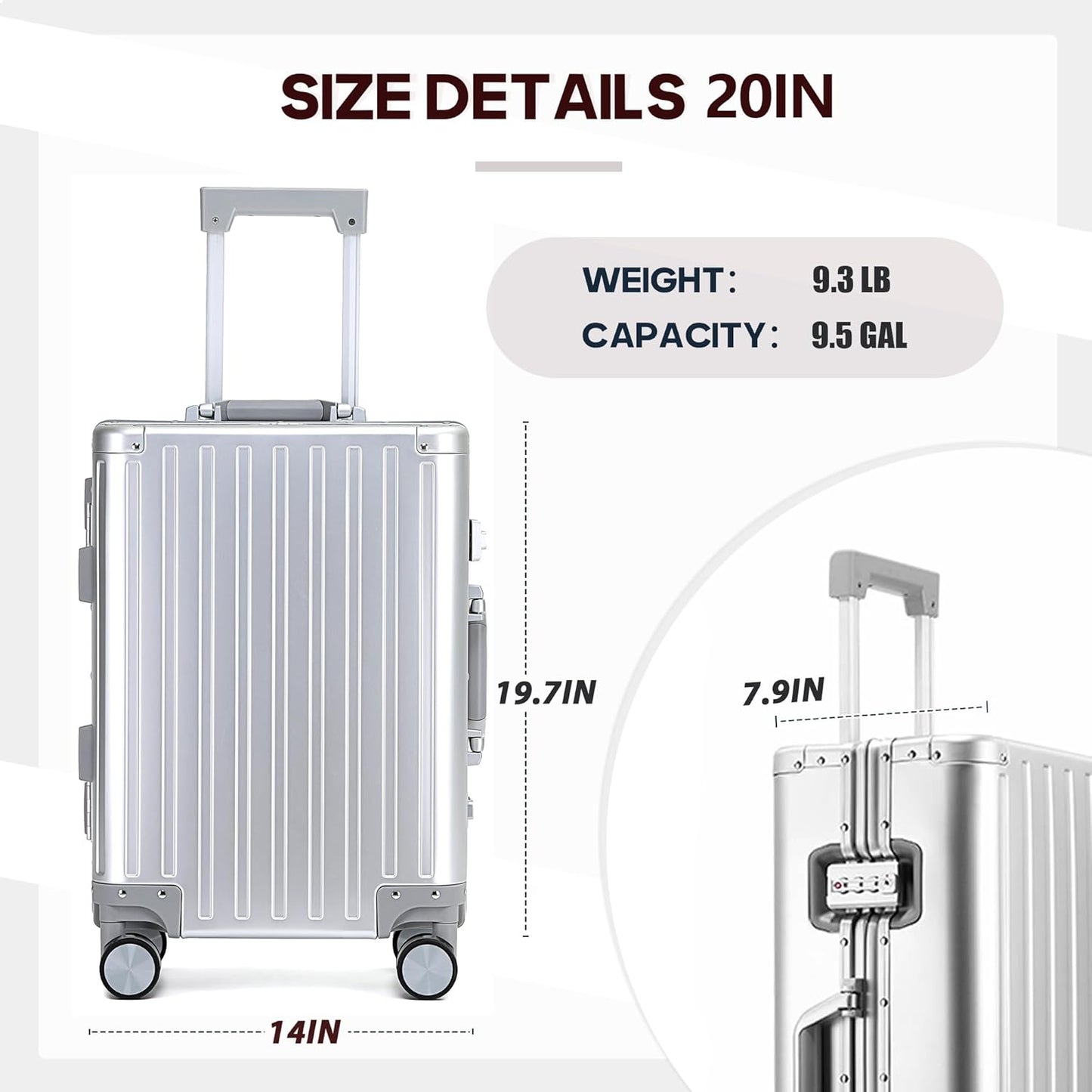 YYW All aluminum-magnesium Carry-On Luggage 20 Inch,Airline Approved Lightweight Suitcase with TSA Lock and Silent Wheels,Suitable for business travel (Silver, 20in)
