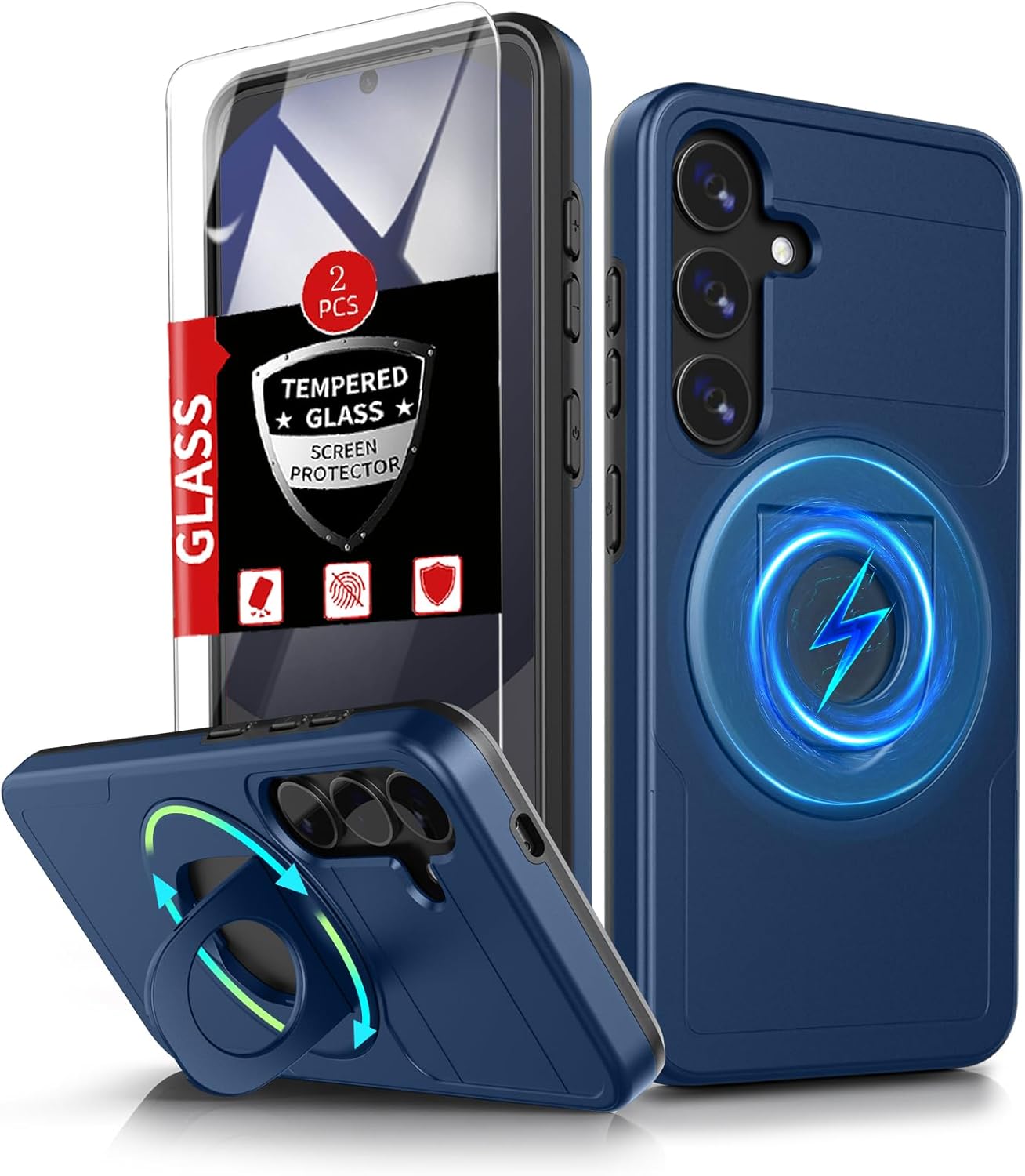 for Samsung Galaxy S24 FE Case Magnetic Compatible with MagSafe Wireless Charging,with 2 Screen Protectors,for S24 FE Case with Stand Ring Anti-Scratch Shockproof Heavy Duty Protection Blue