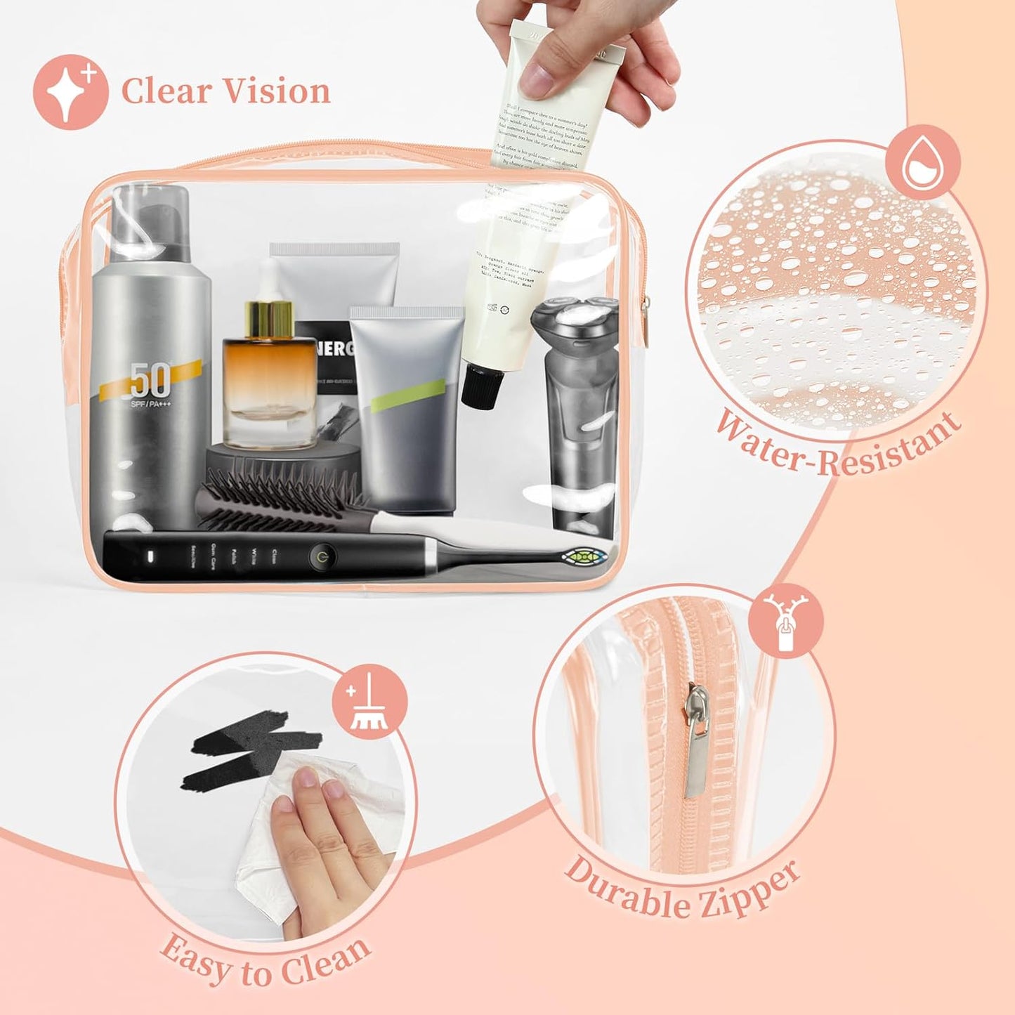 TISRATOK 12 PCS Clear Makeup Bag for Women with Zipper, TSA Approved Toiletry Pouch, Cosmetic Bag