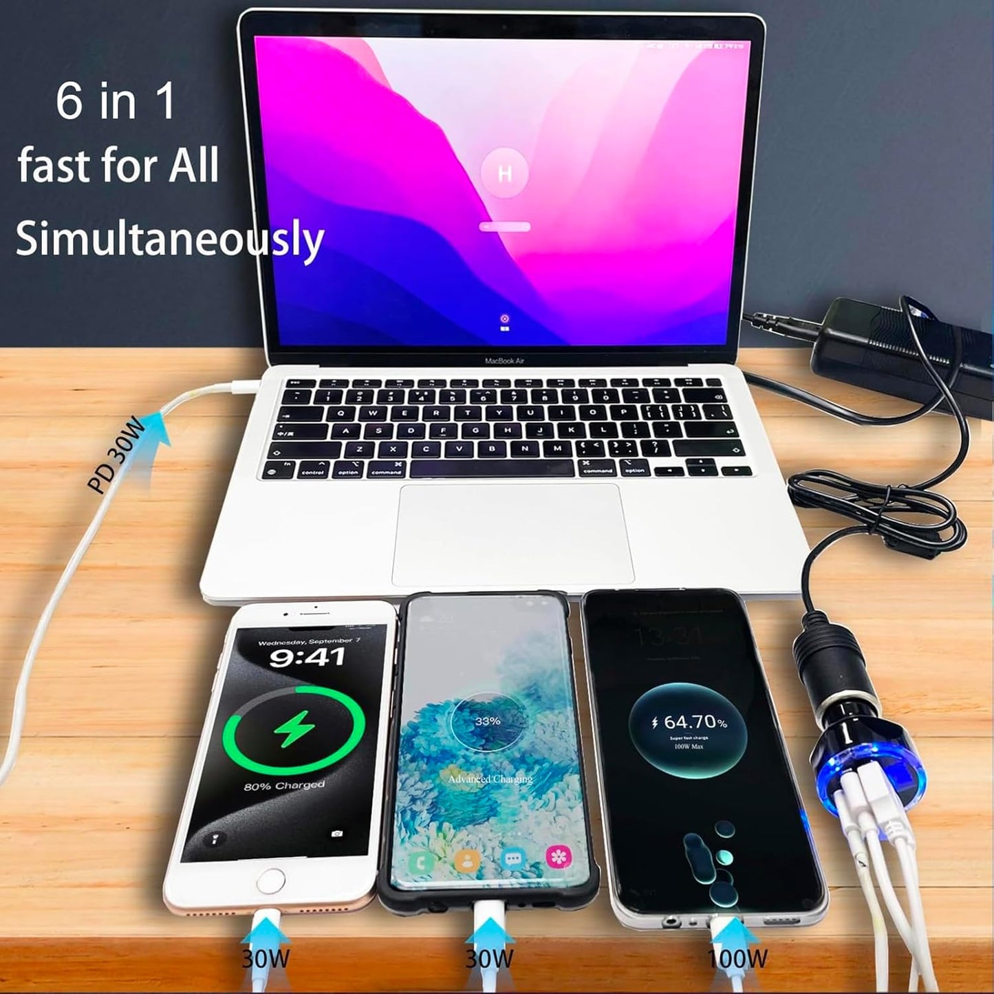 Full PD 30W Multi Port USB C Car Charger Adapter 6 in 1 with Voltage Display, PD4.0/QC4.0/PPS/AFC Super Fast Charging Cigarette Lighter Adapter with Volt Meter for MacBook iPhone Galaxy Android Phones