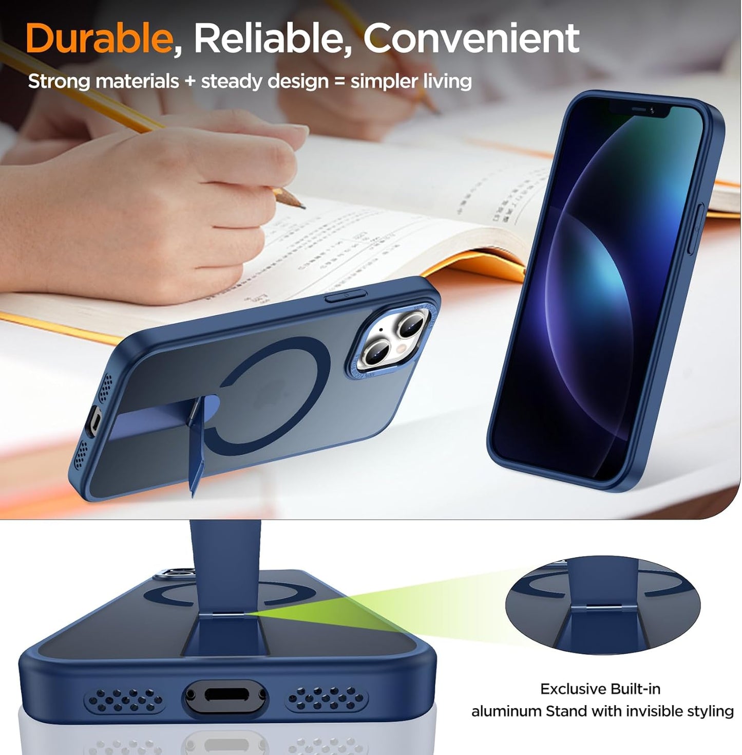 for iPhone 13 Case with Kickstand, [Invisible Stand] Compatible with MagSafe, Anti-Slip Shockproof Military-Grade Protection, Magnetic Slim Translucent Phone Case for iPhone 13 Cover (Blue)