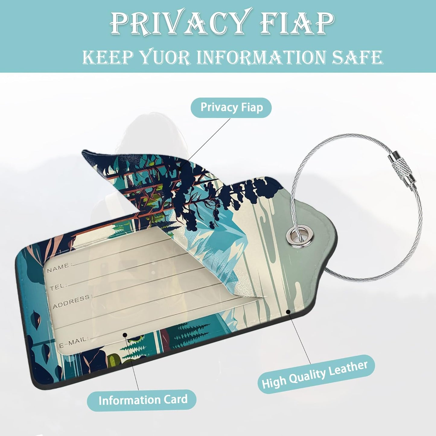 Luggage Tags for Suitcase,2 Pack Mountain Lake Forest Luggage Tag PU Leather Privacy Cover ID Label with Stainless Steel Loop for Women Men Teens Travel