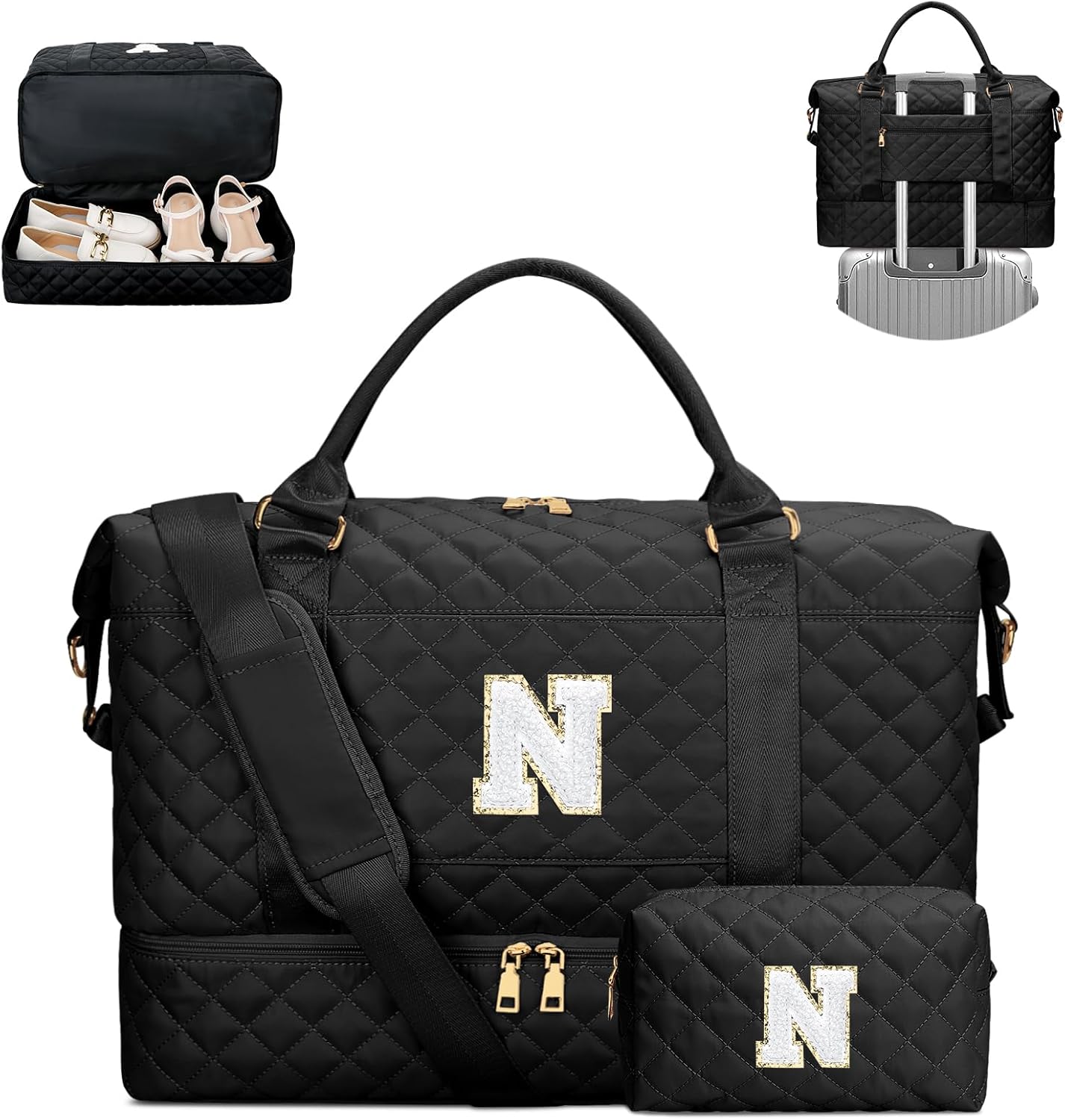 Gifts for Women Girls Christmas Initial Travel Duffle Bag Quilted Weekender Bags Carry-On Overnight with Cosmetic Bag Hospital Bag for Women Labor Delivery, Black N