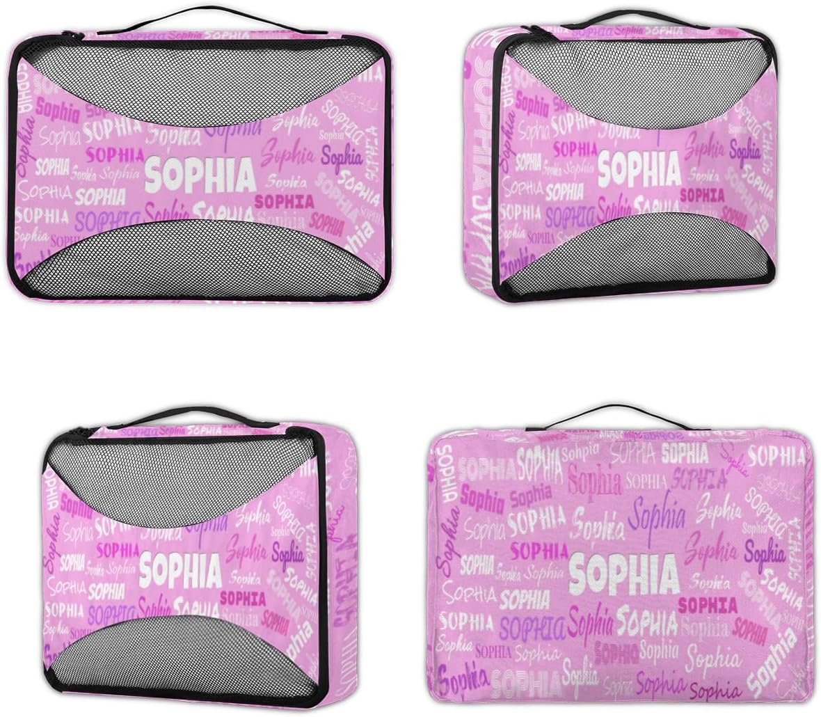 Custom Packing Cubes with Name - 4 Piece Pink Packing Cubes Compression Luggage Suitcase Organizer Set