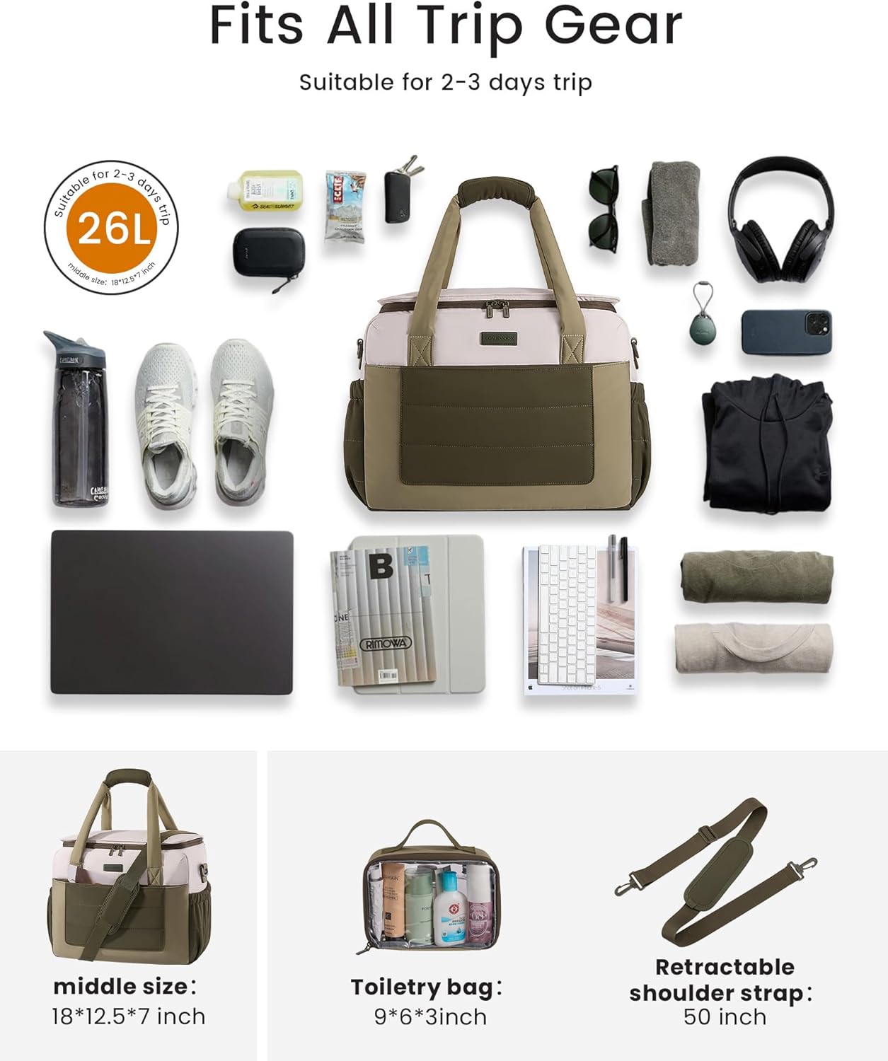 LOVEVOOK Weekender Bags for Women,Carry on Duffle Bag for Travel, Water-resistant Gym Bag with Wet Pocket,Overnight Travel Bags(Black White Brown, L)