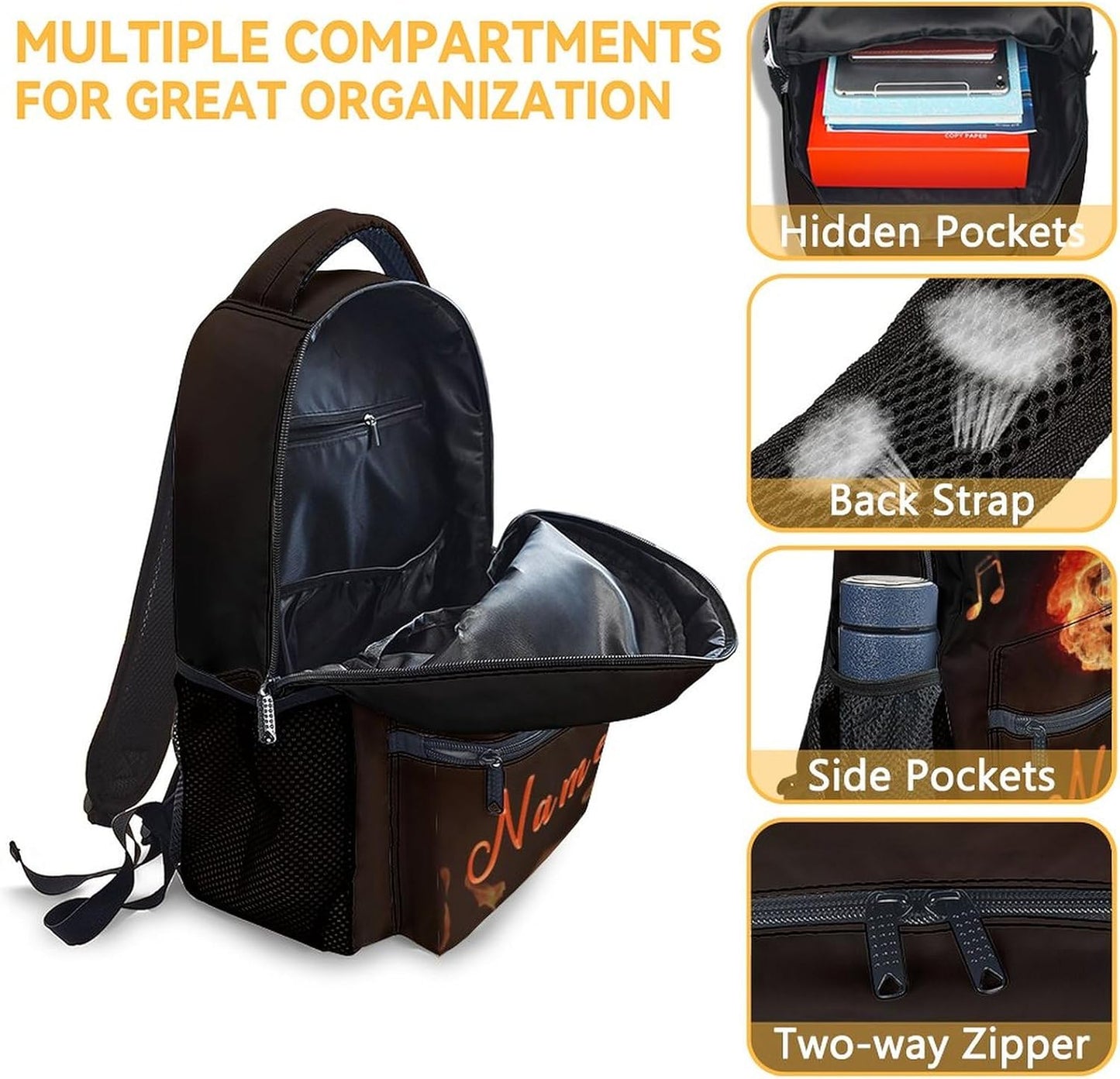 Mercuryelf Personalized Guitar Kids Backpack with Lunch Box Set, 3 in 1 School Backpacks Matching Combo, Cool Black Flame Bookbag and Pencil Case Bundle