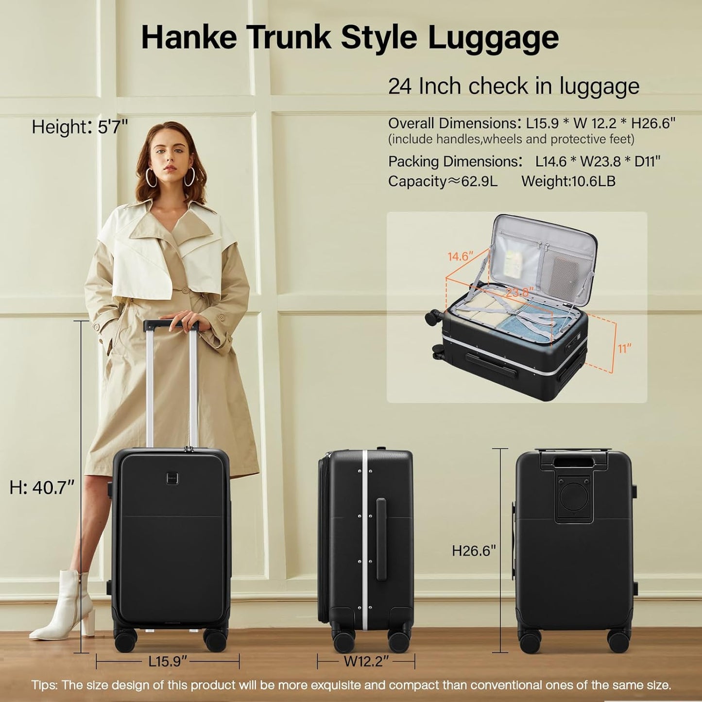 Hanke 24 Inch Luggage with Cup Holder and Charge,Top Opening Hard Shell Suitcases with Wheels and
