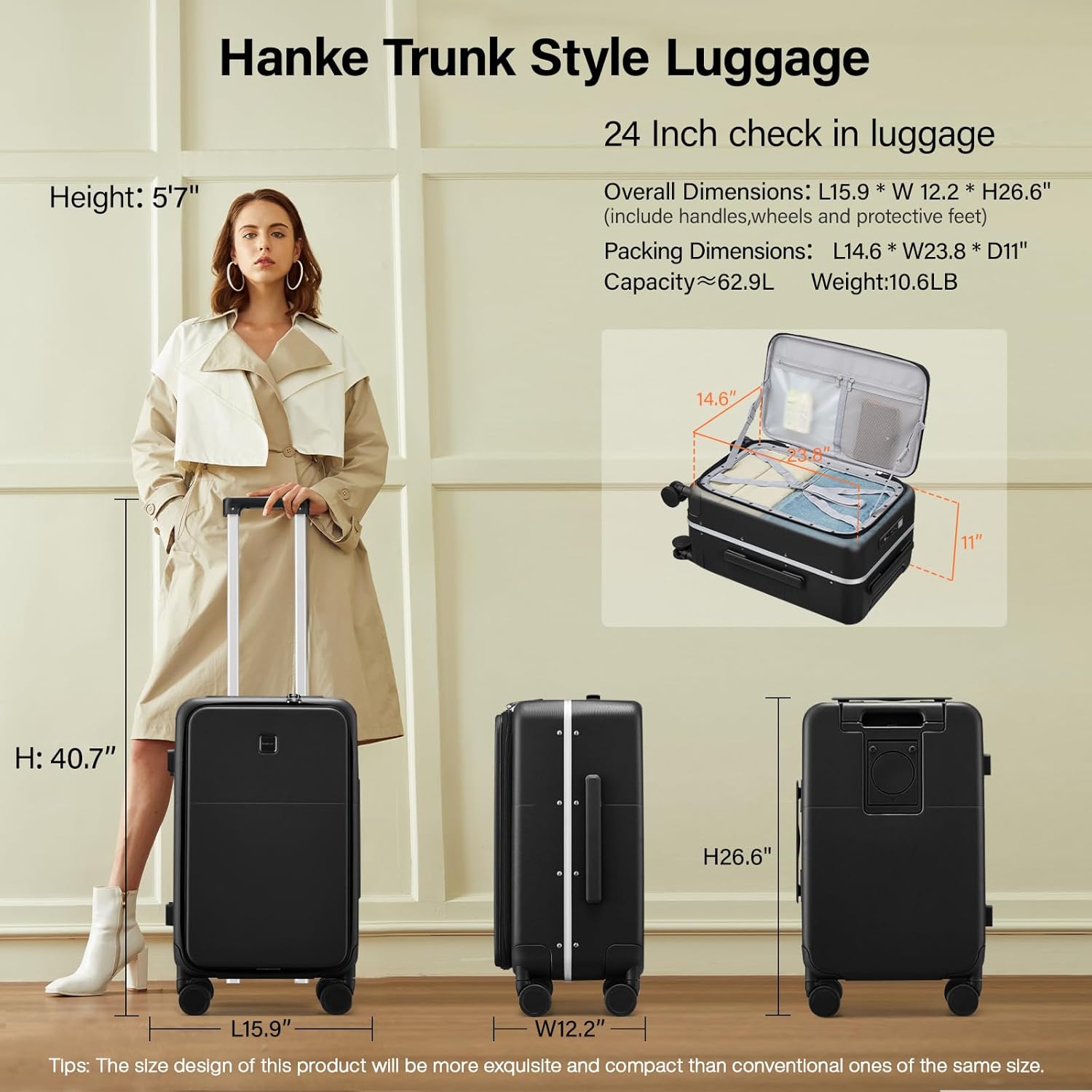 Hanke 24 Inch Luggage with Cup Holder and Charge,Top Opening Hard Shell Suitcases with Wheels and