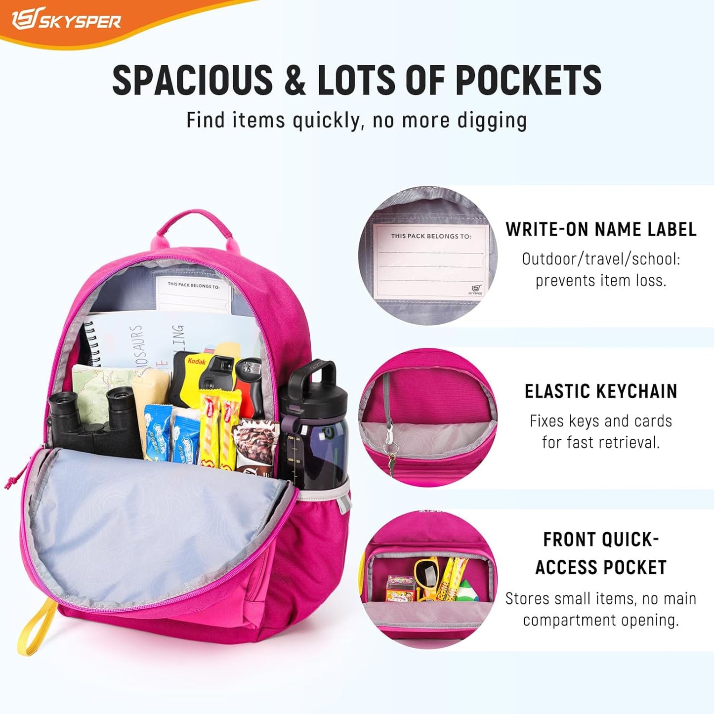 SKYSPER Kids Backpack for School 15" H Kindergarten Elementary Bookbag Children Travel Daypack for Camping