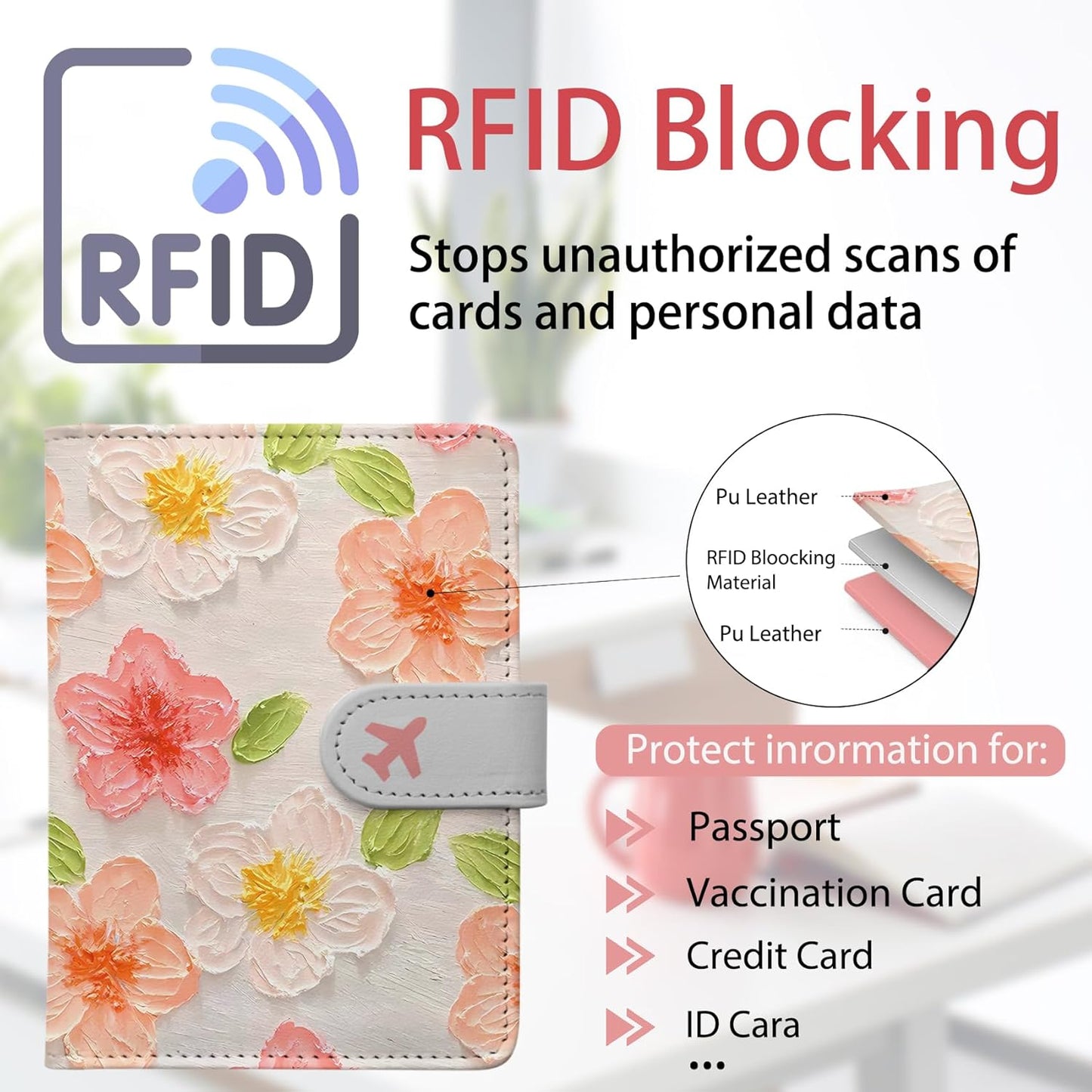 Passport Holder, Travel Wallet Cover with Pen Loop | Cute RFID Blocking Leather Case with Magnetic Closure for Travel Essentials-Flower