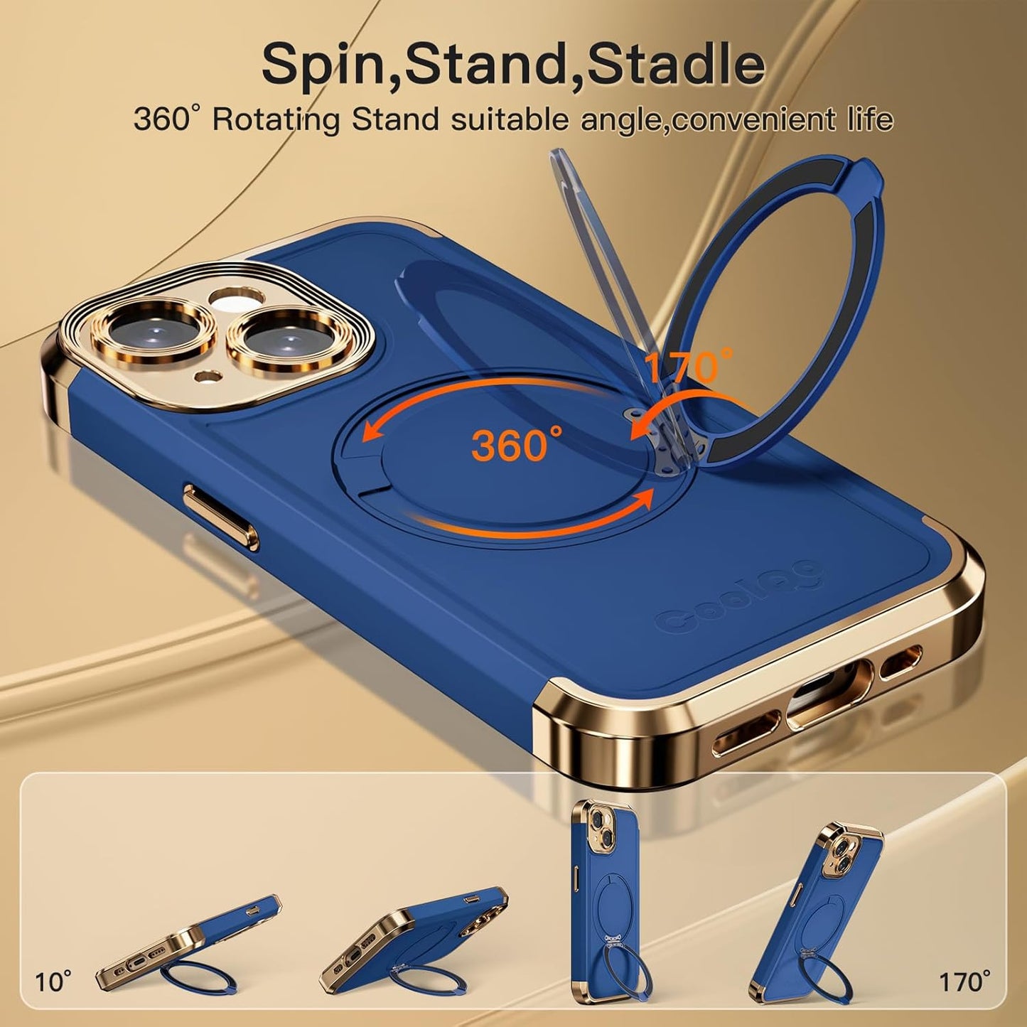 COOLQO for iPhone 14 Case 6.1'' Upgraded 360° Spin Magnetic Stand [Compatible with Magsafe][Military Grade Drop Protection] Shockproof Protective Phone Holder Cover for iPhone 14, Blue Gold