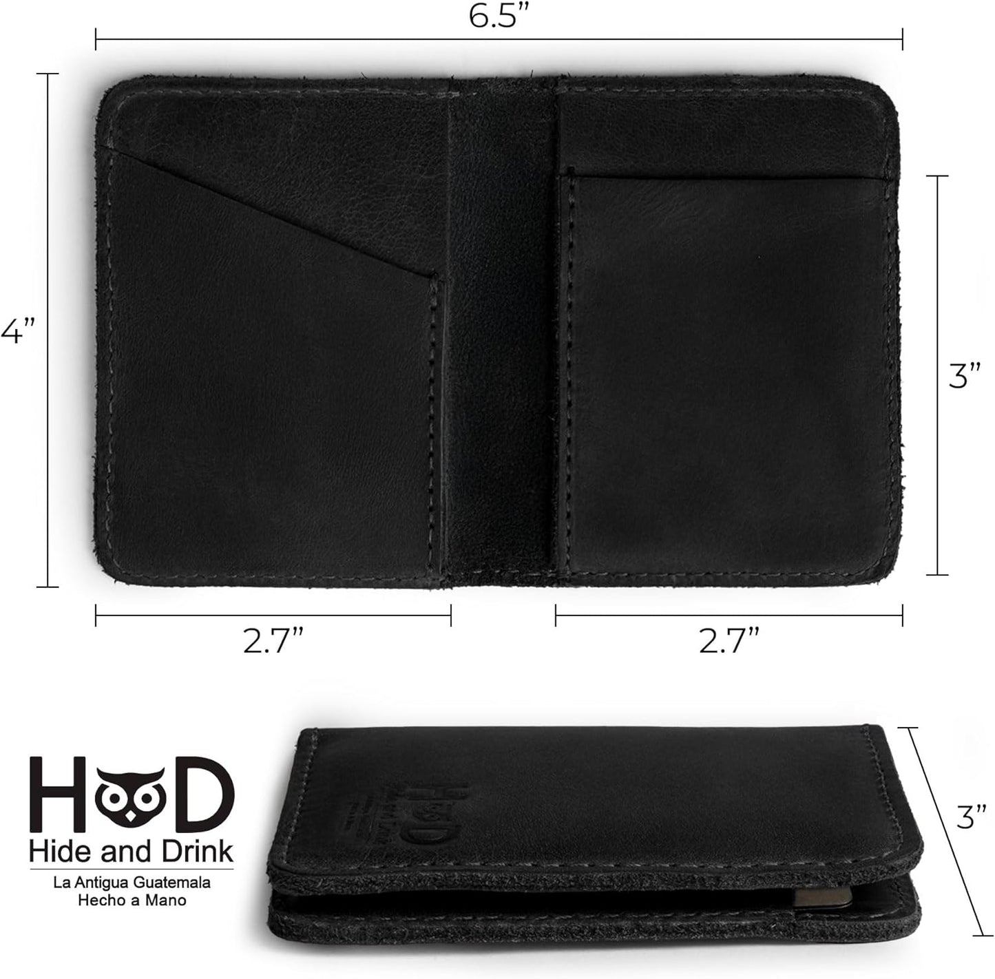 Hide & Drink, Bifold Wallet, Slim Card Holder, Minimalist Traveler Wallet, Vintage Front Pocket Wallet, Full Grain Leather, Handmade, Charcoal Black