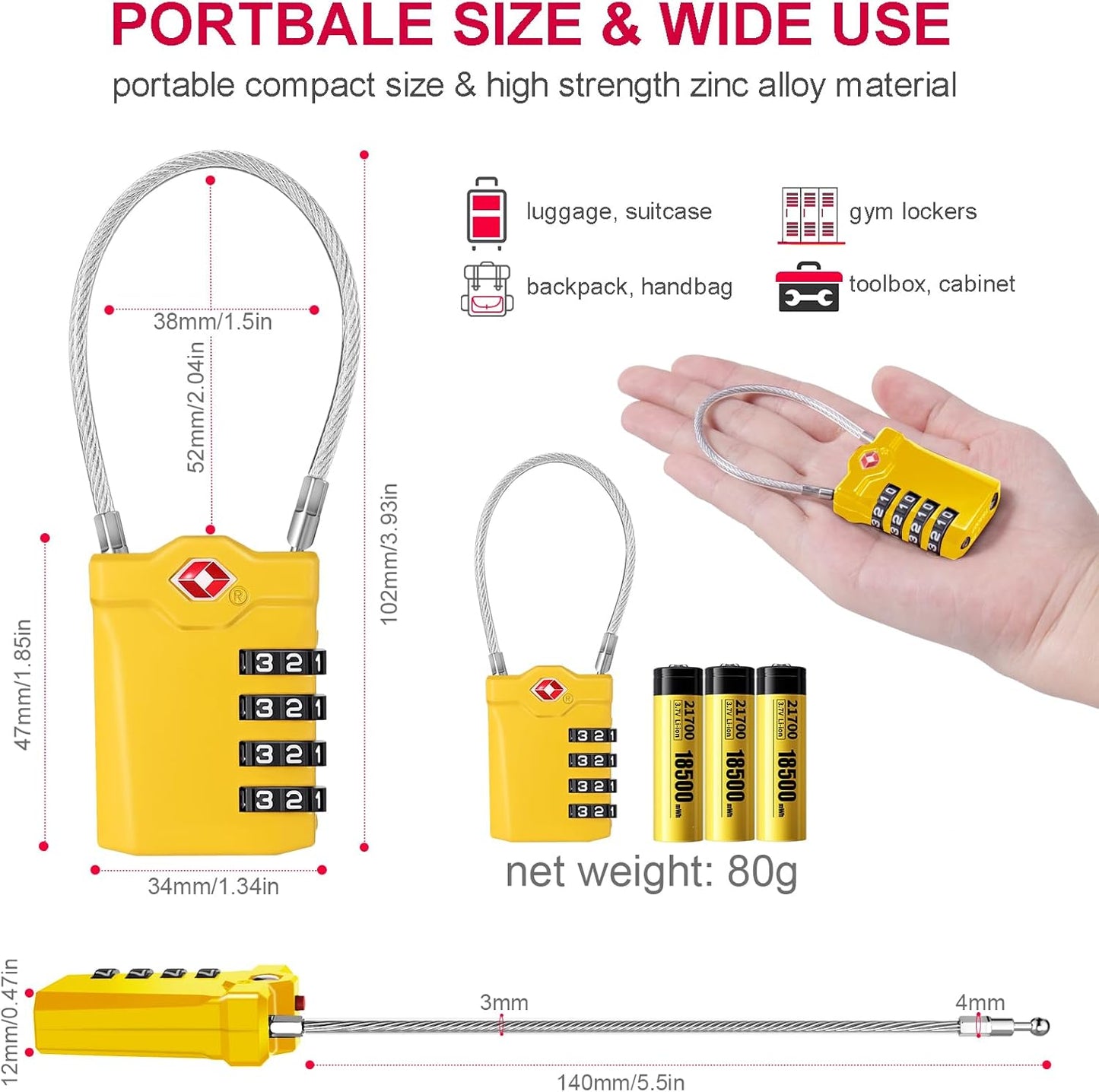 ZHEGE TSA Approved Cable Locks Flexible, Travel Lock Zipper Bag, 4 Digit Luggage Combination Lock with Open Alert Indicator for Suitcase, Backpack, Baggage (1 Pack, Yellow)