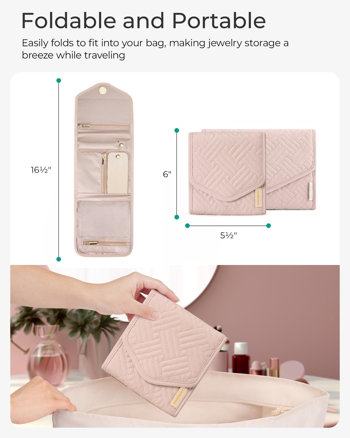 BAGSMART Travel Jewelry Organizer Case Foldable Jewelry Roll,Soft Pink