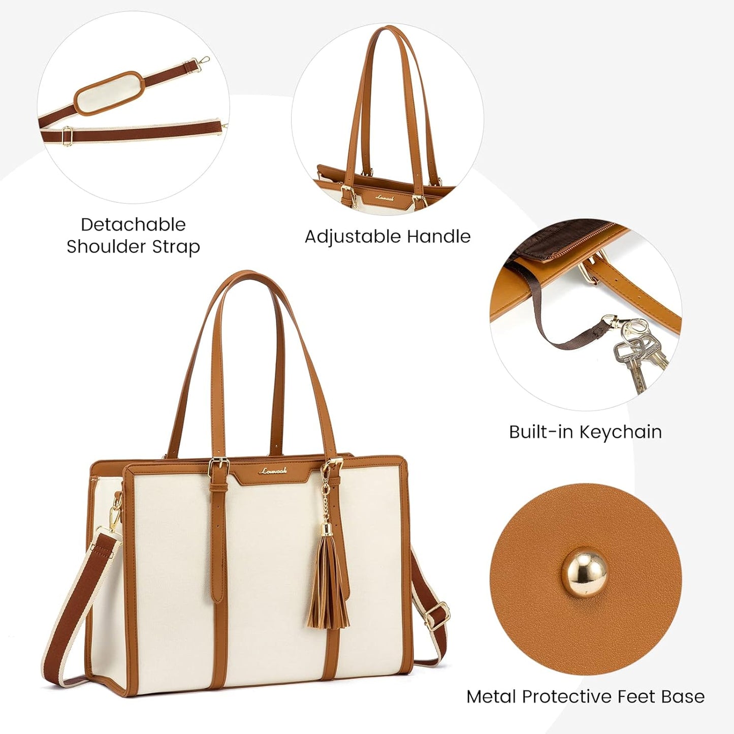 LOVEVOOK Laptop Bag for Women - 15.6 inch Lightweight Canvas Laptop Tote, Large Capacity Computer Bag with Clutch Purse for Business, Work, Travel, School, Casual Beige