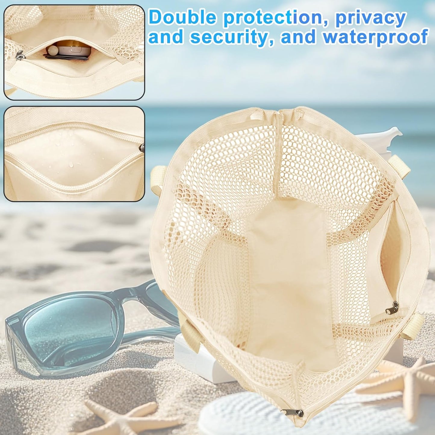 Mesh Beach Bags for Women with Zipper Foldable Hobo Tote Bag Vacation Shoulder Bags for Swimming Pools