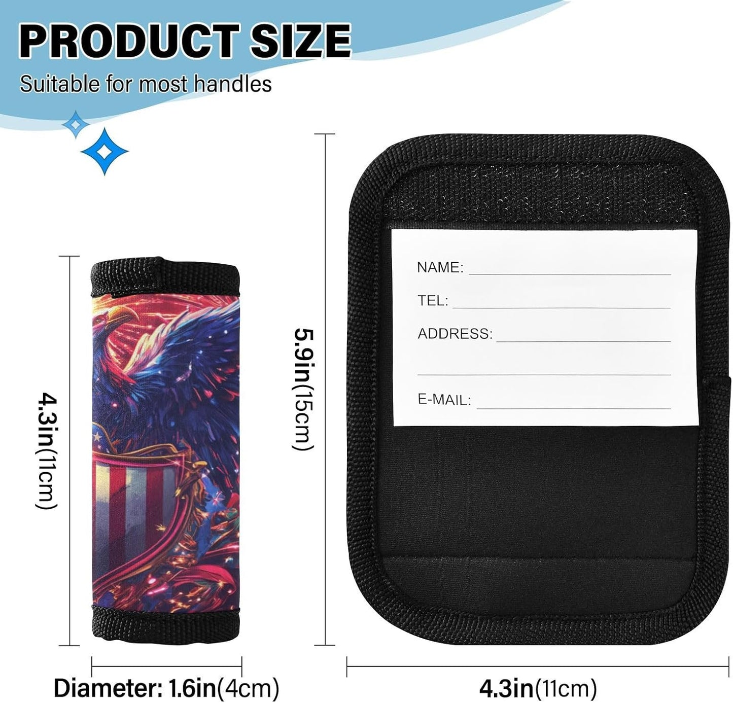July 4th Bald Eagle Badge Black 2 Pack Luggage Handle Wraps Covers for Suitcase Identifiers Bag Tags Travel Accessories