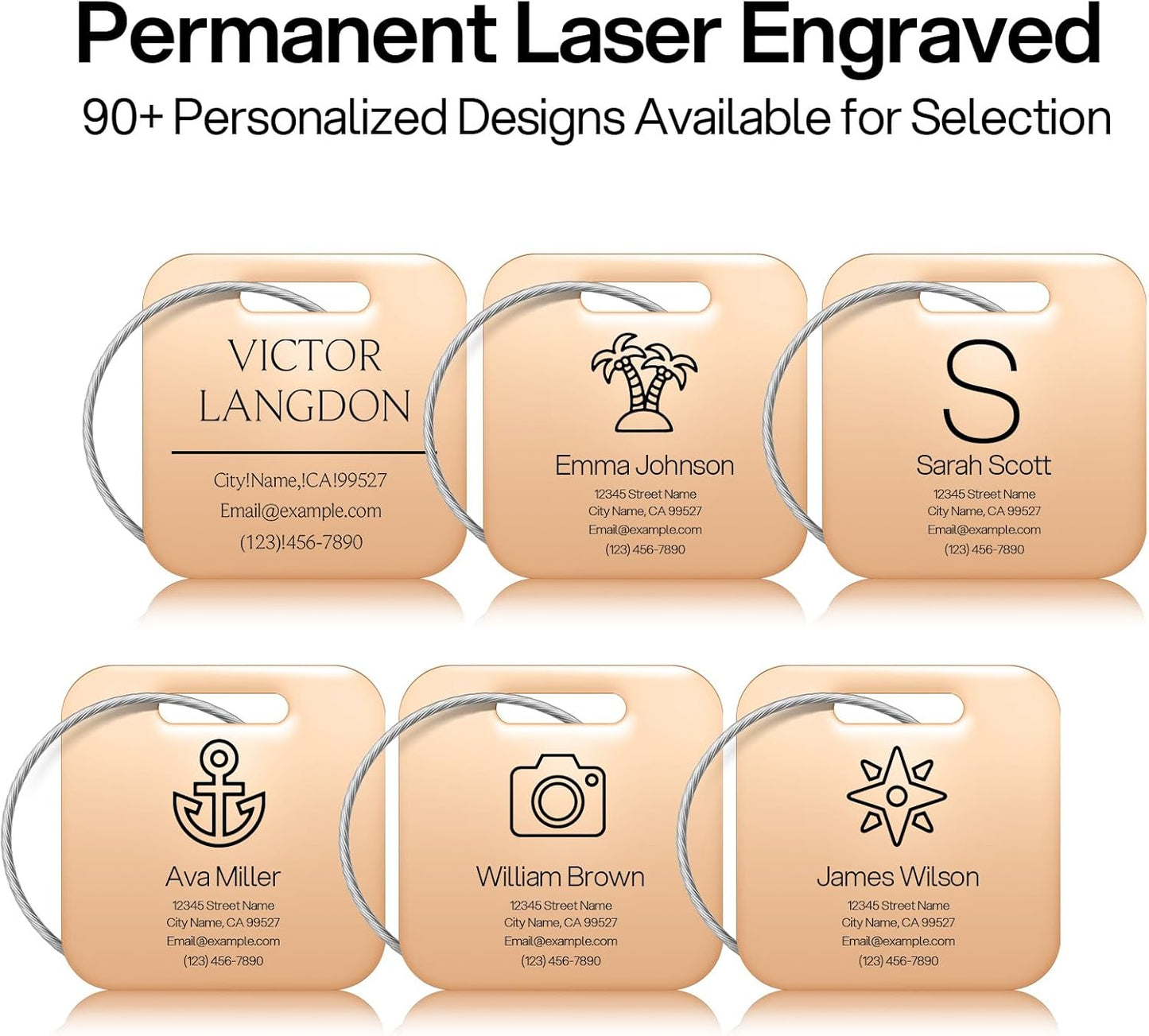 Initial Personalized Luggage Tags for Suitcases - Laser Engraved Stainless Steel Custom Name ID Tag for Backpack and Bag Kids, Women - Metal Baggage Tags Travel Essentials Accessories(Square-Rosegold)